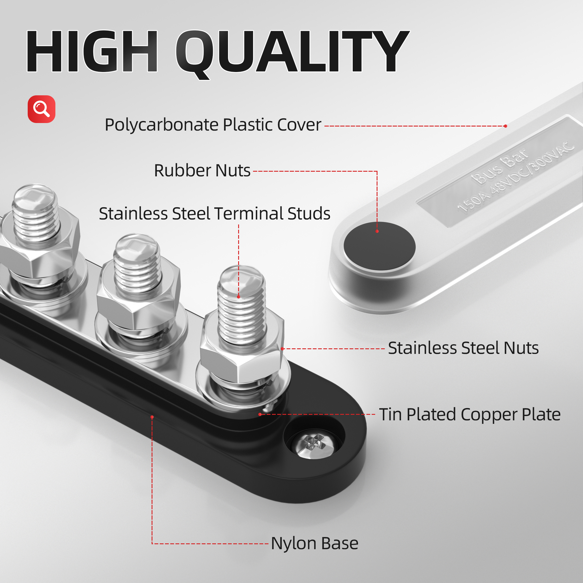 BB100-T4M8-C 4×M8 Stud Terminals 150A BusBar with Spring Washers and Cover
