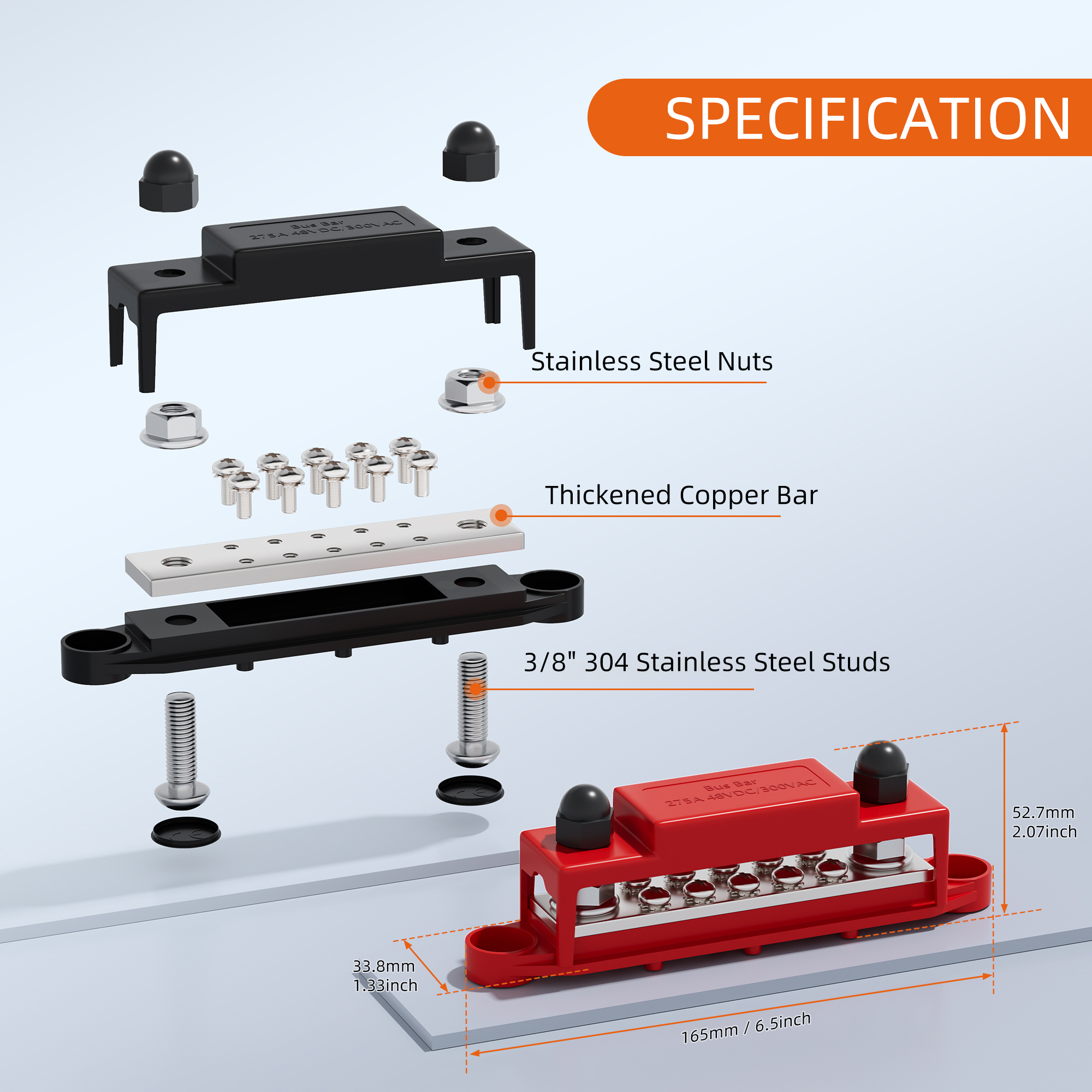 BB275-T2M10S10-C 275A Distribution Connecting Block with 2×M10 Studs and 10×M4 Screws