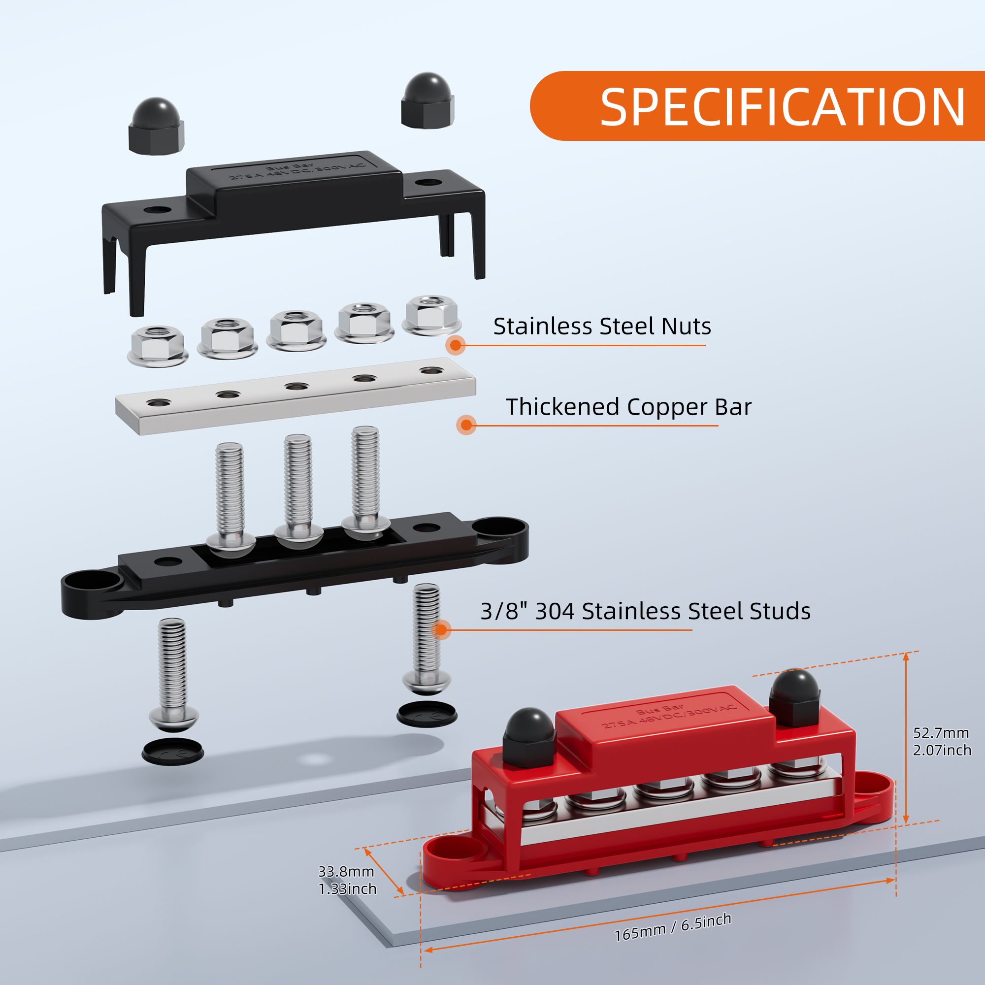 BB275-T5M10-C 275A 48VDC M10(3/8″) 5 Stud Bus Bar with Protect Cover