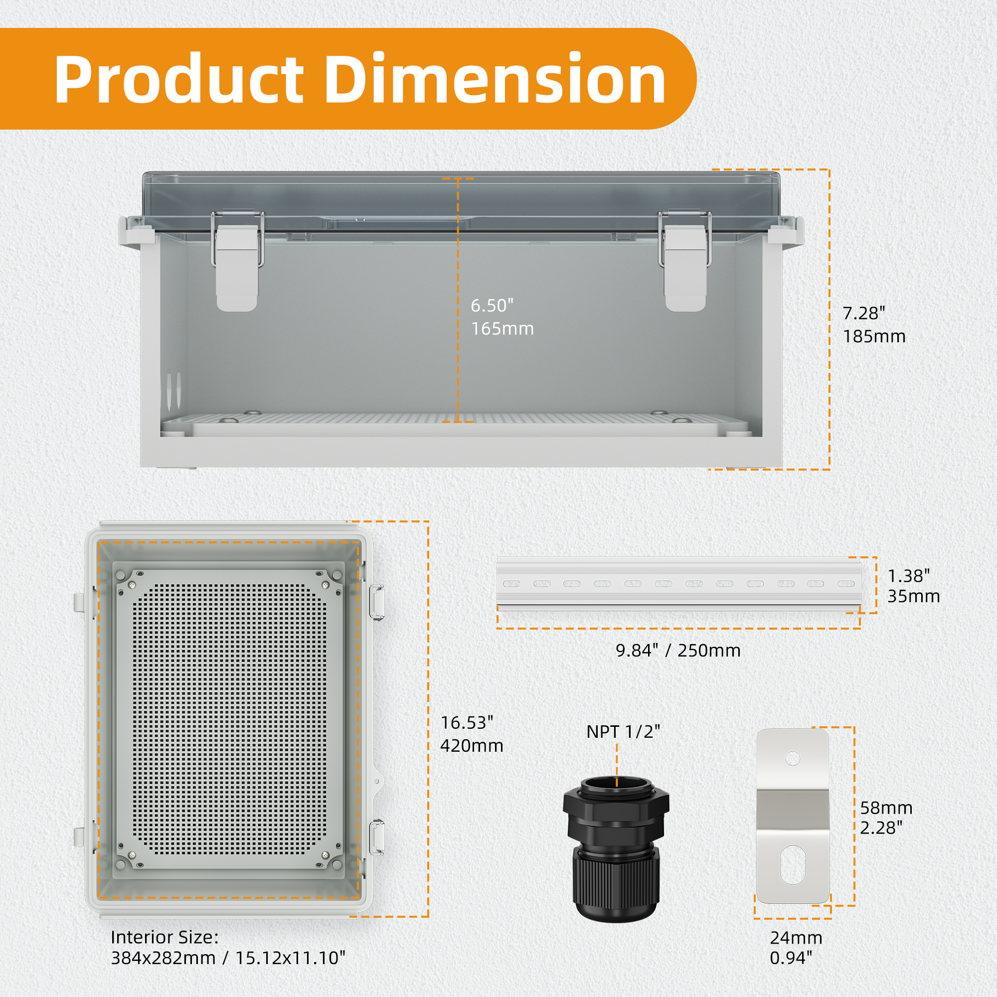 BG40X30X18T-JFFD Weatherproof Electrical Box Large w/ Transparent Cover & DIN Rail – 15.7″x11.8″x7.1″