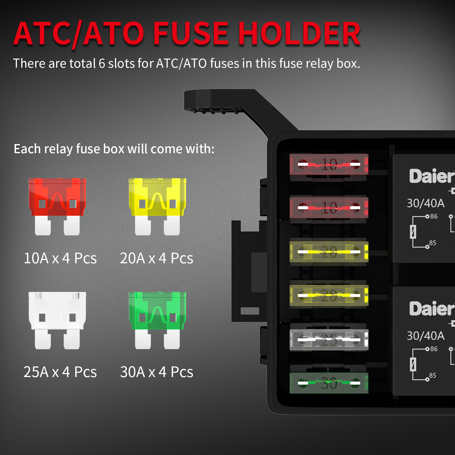 RB-R6F6-2-RF 6 Way 12V Relay Box Kit with 5-Pin Relays and ATC/ATO Fuses