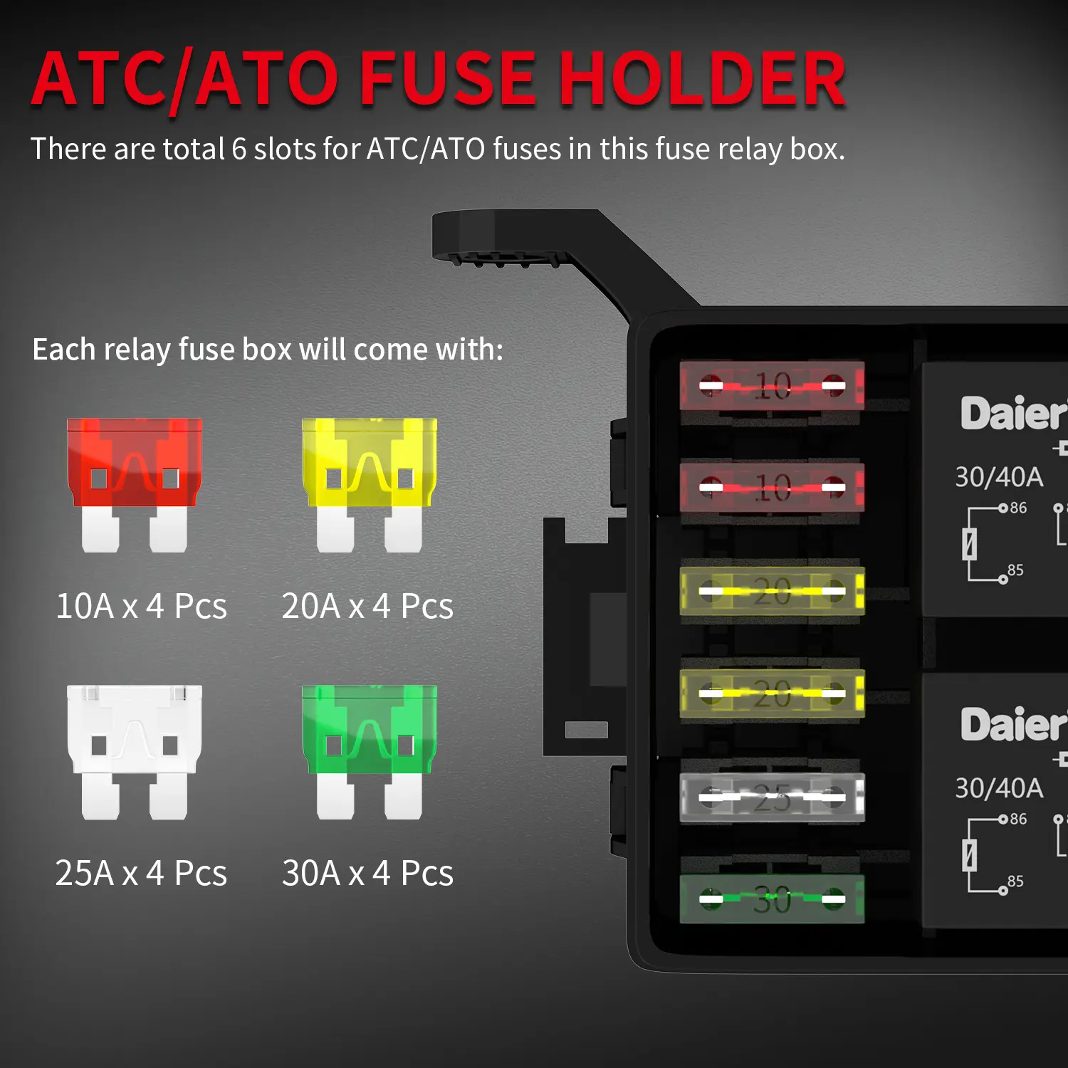 6 Way 12V Relay Box Kit With 5-Pin Relays And ATC/ATO Fuses