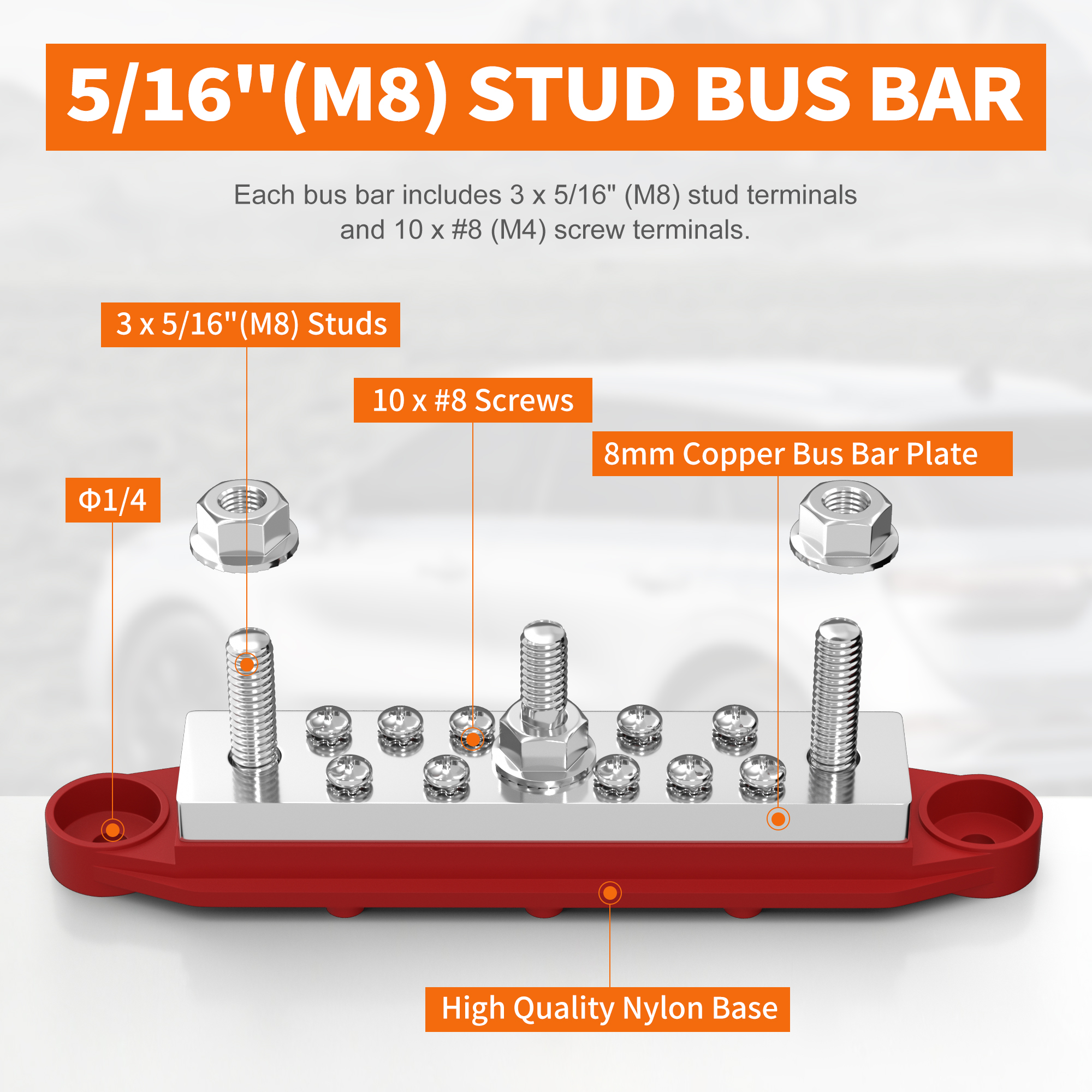 BB400-T3M8S10-C-2 400A Bus Bar Power Distribution Block with 3xM8 Studs & 10x#8 Screws