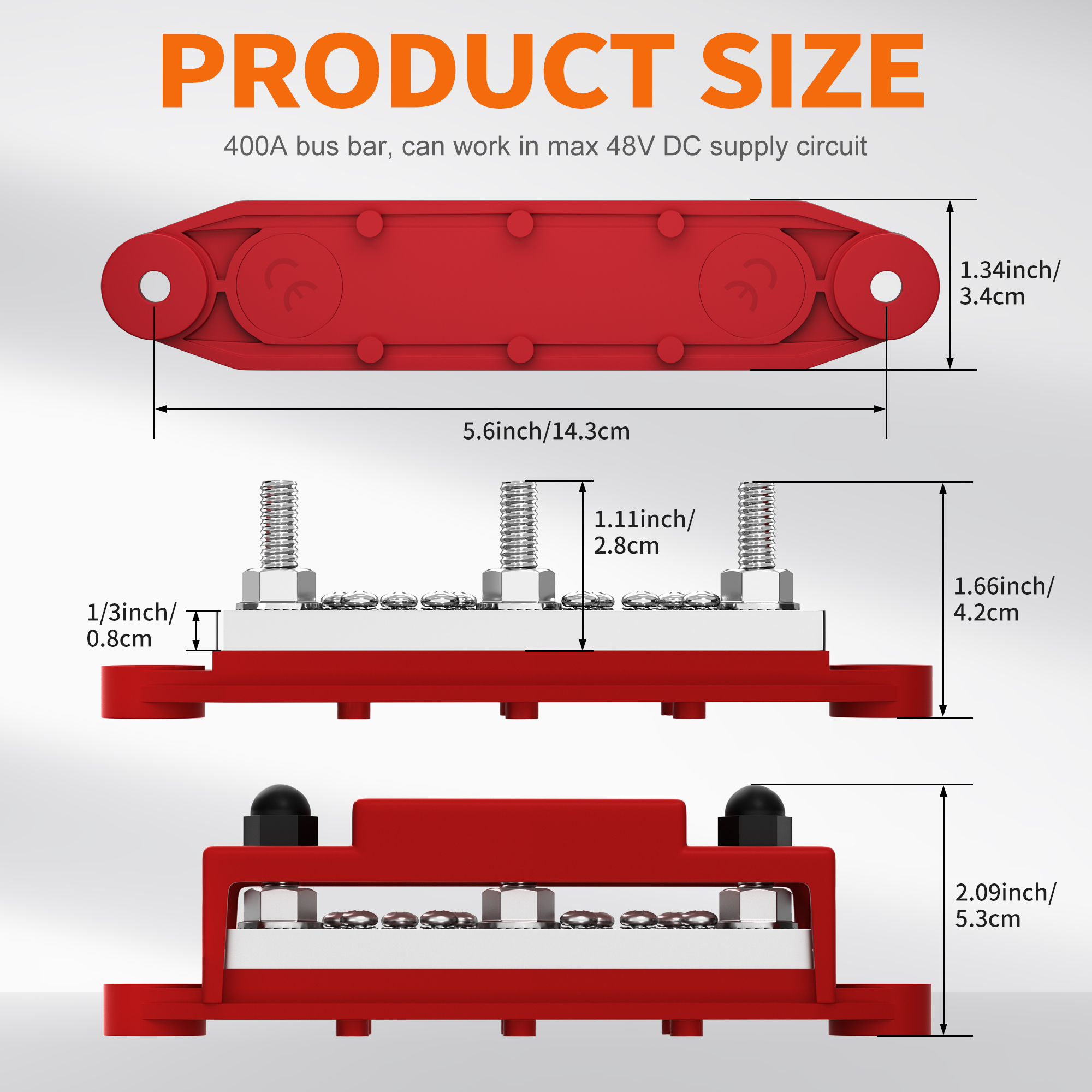 BB400-T3M8S10-C-2 400A Bus Bar Power Distribution Block with 3xM8 Studs & 10x#8 Screws