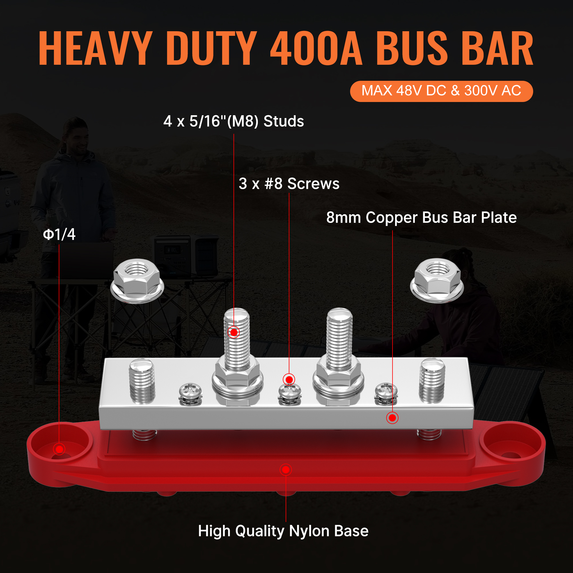 BB400-T4M8/M10S3-C-2 400A Bus Bar Terminal Block with 4×3/8″(M10) or 5/16″(M8) Studs