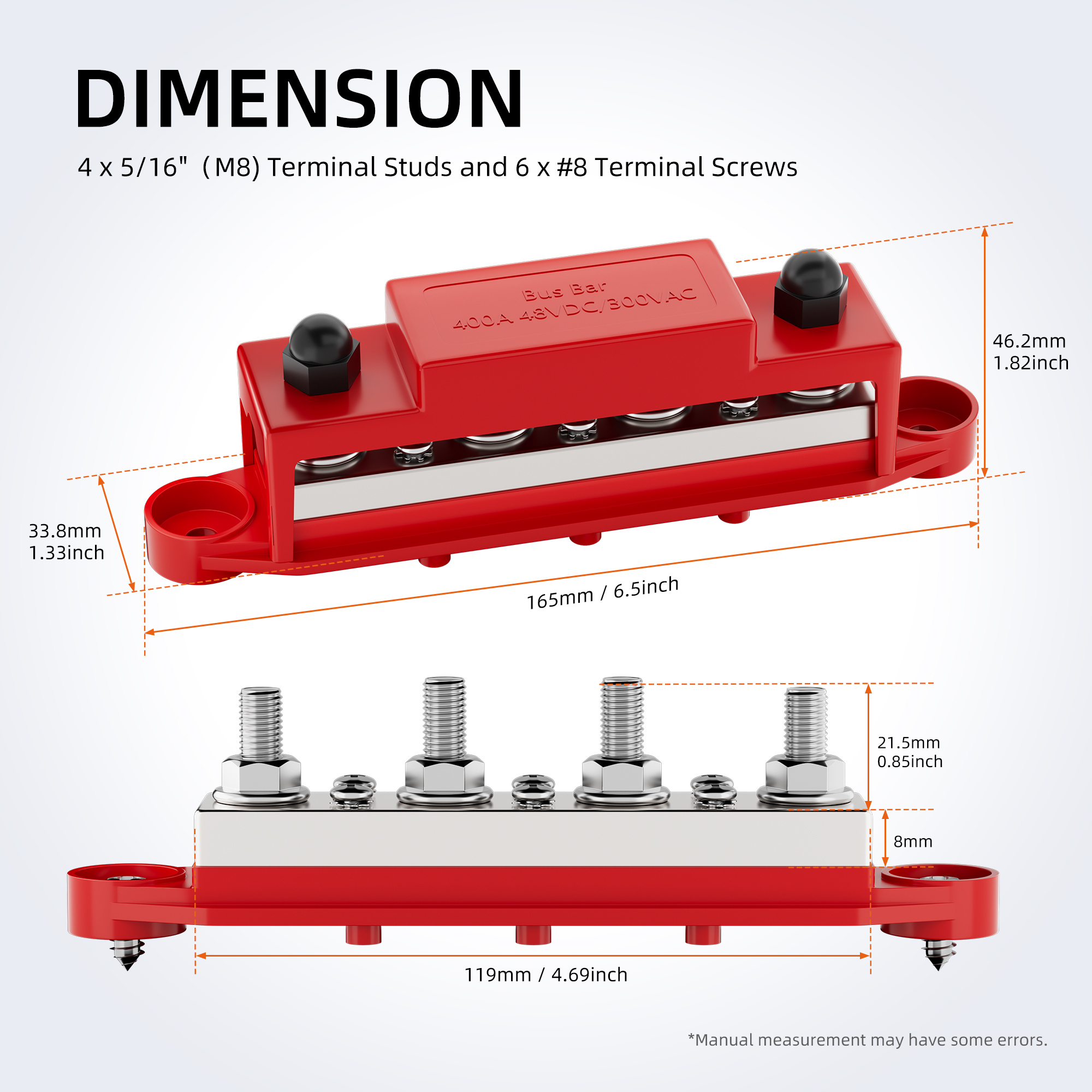 BB400-T4M8/M10S6-C 400A Busbar Distribution Block w/ 4×5/16″ or 3/8″ Studs and 6x#8 Screws