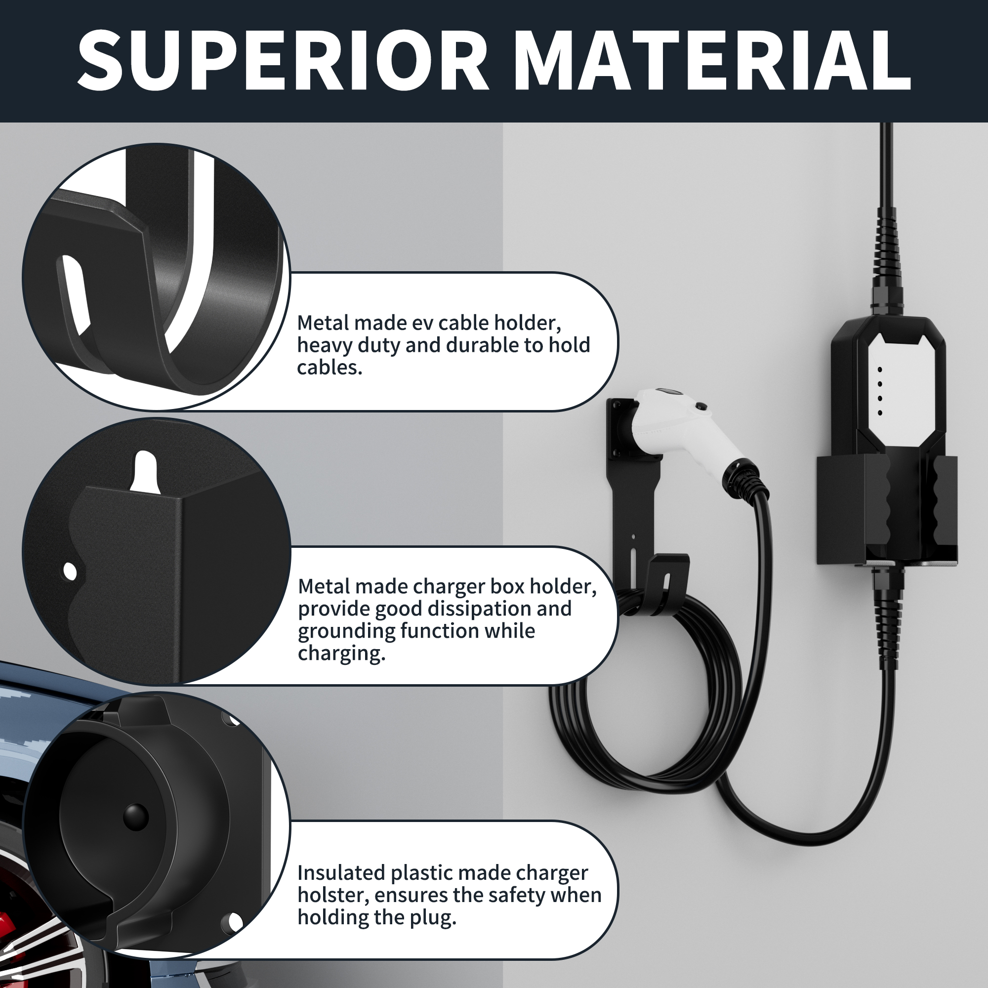 CHD-J1772+MH SAE J1772 J-Hook Plug EV Charger Holder with Cable Organizer
