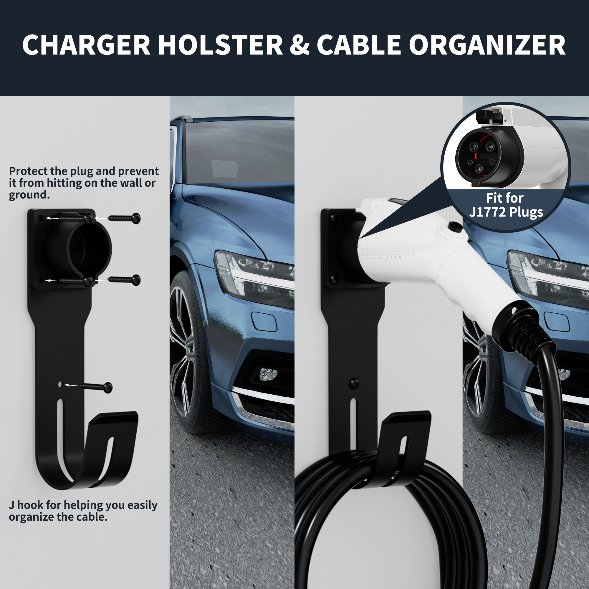 CHD-J1772+MH SAE J1772 J-Hook Plug EV Charger Holder with Cable Organizer