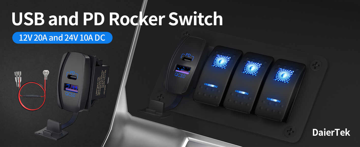 38W 12V/24V PD 3.0 & QC 3.0 Dual Port USB Rocker Switch Charger