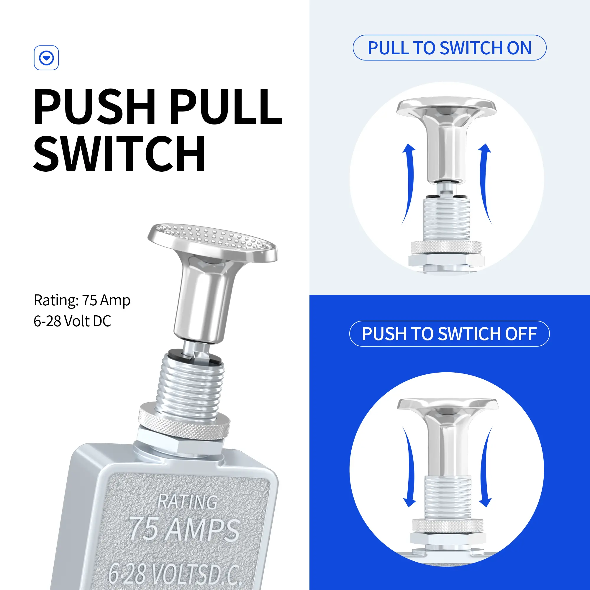 75 Amp 6-28V DC ON-OFF Push Pull Switch With Chrome-Plated Knob