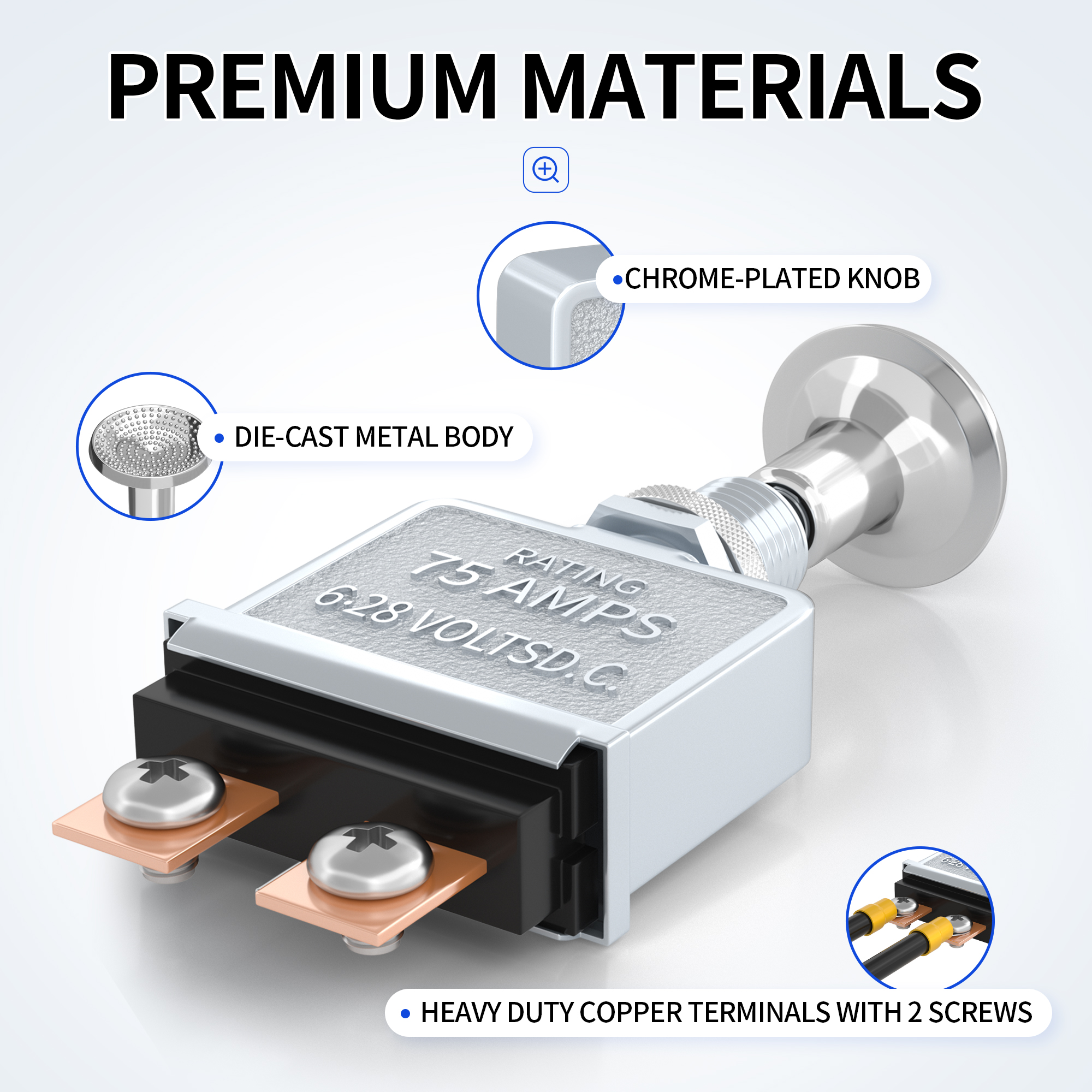 ASW-072 75 Amp 6-28V DC ON-OFF Push Pull Switch with Chrome-Plated Knob