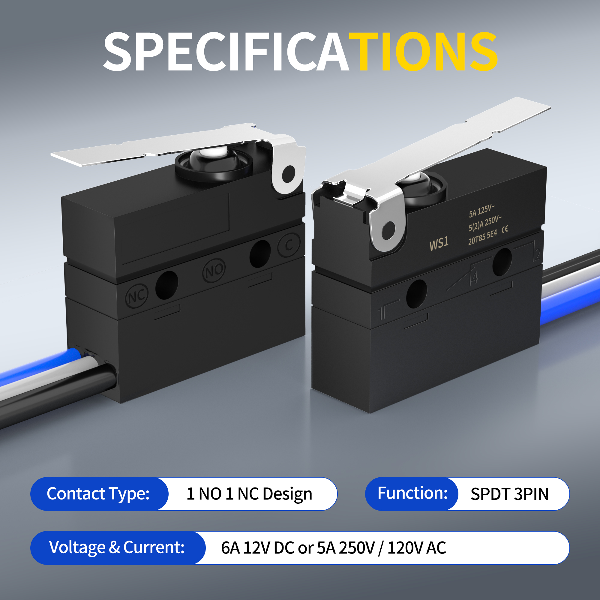 WS1-Z7-W300R300 6A 12V DC IP67 Waterproof Micro Limit Switch with Middle Lever and Pre-Wired
