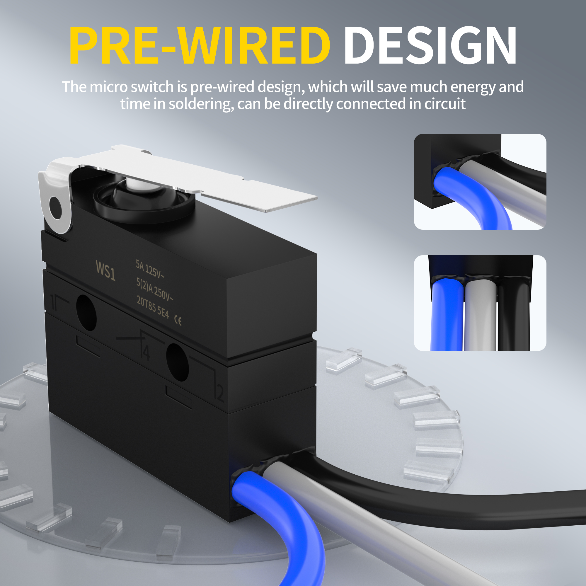 WS1-Z7-W300R300 6A 12V DC IP67 Waterproof Micro Limit Switch with Middle Lever and Pre-Wired