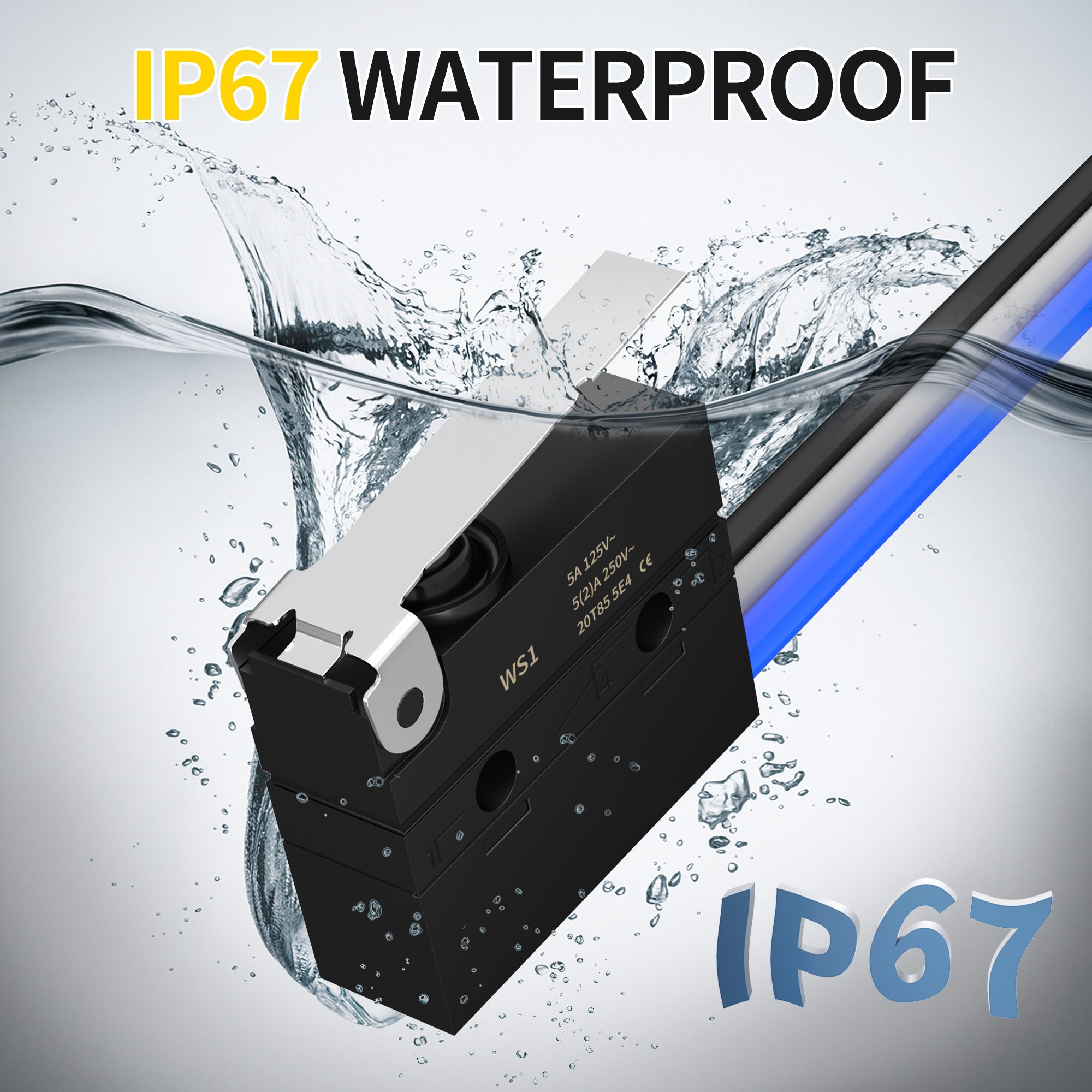 WS1-Z7-W300R300 6A 12V DC IP67 Waterproof Micro Limit Switch with Middle Lever and Pre-Wired