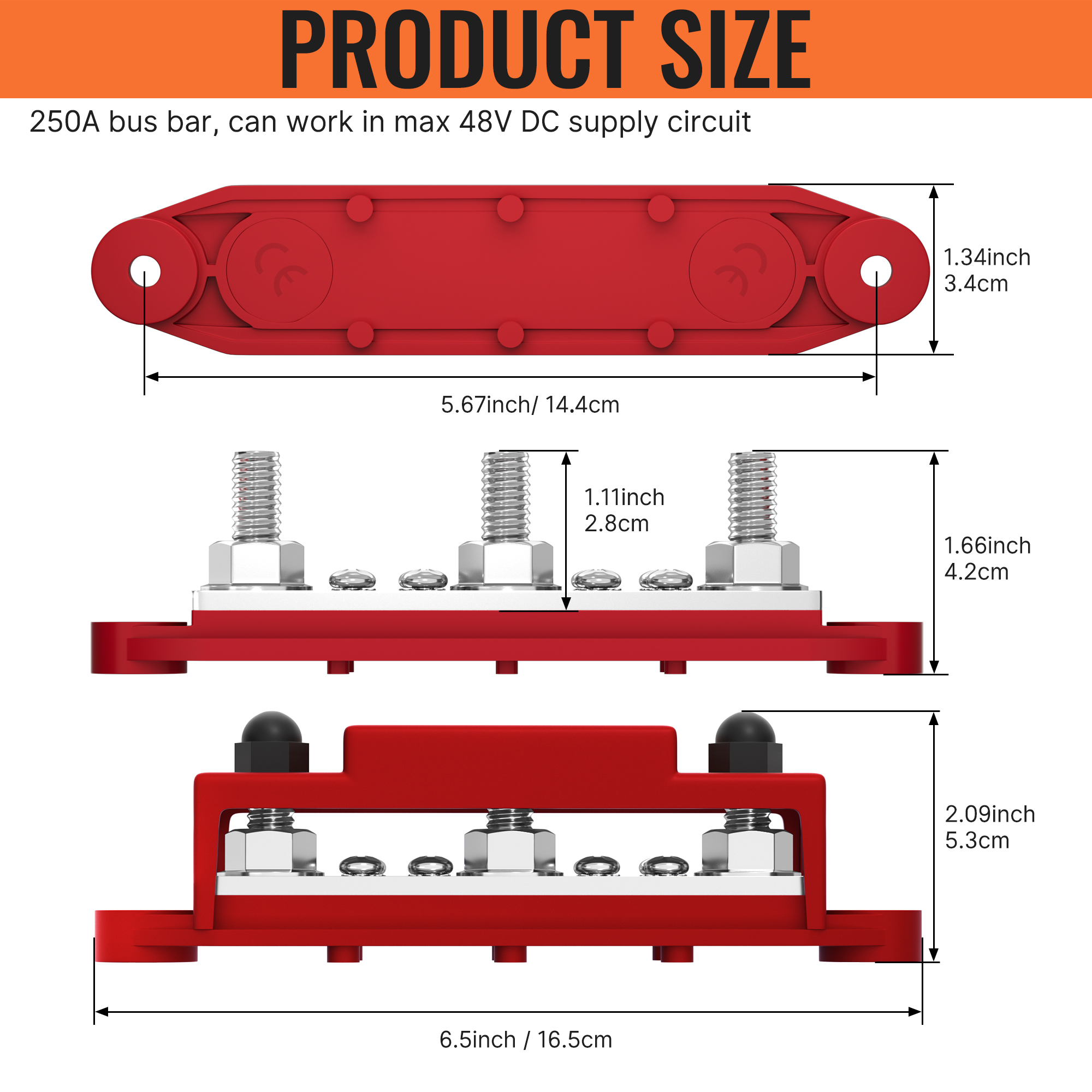 BB250-T3M10S8-C-2 48VDC 250A Bus Bar Distribution Power with 3×M10 Studs and 8×M5 Screws