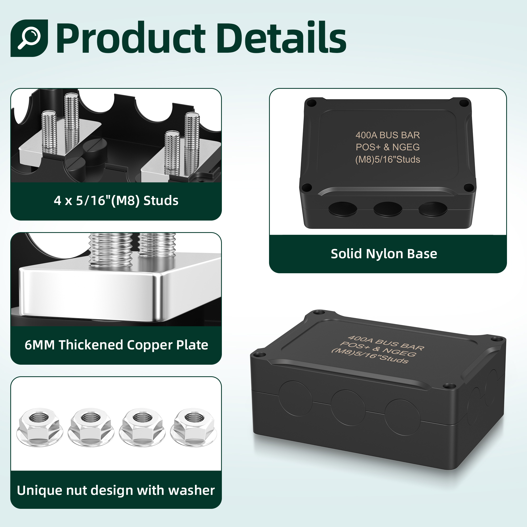 BB400X2-T2M8 400A Dual Row Bus Bar Box Distribution Block with 4×5/16”(M8) Studs