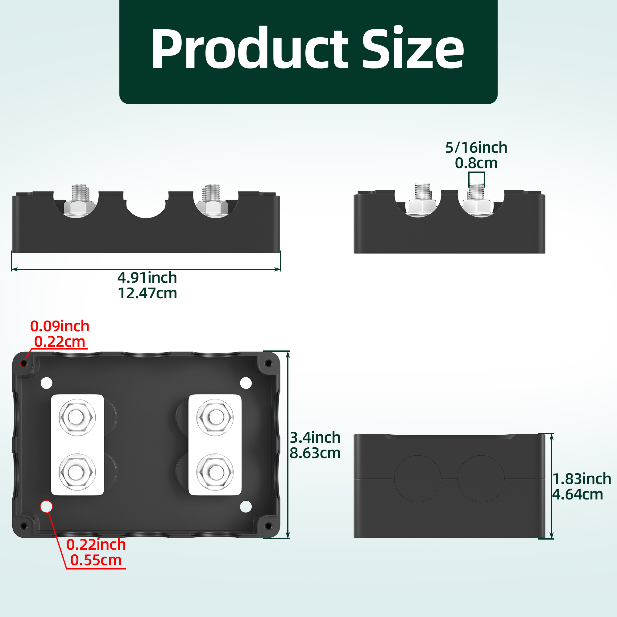 BB400X2-T2M8 400A Dual Row Bus Bar Box Distribution Block with 4×5/16”(M8) Studs