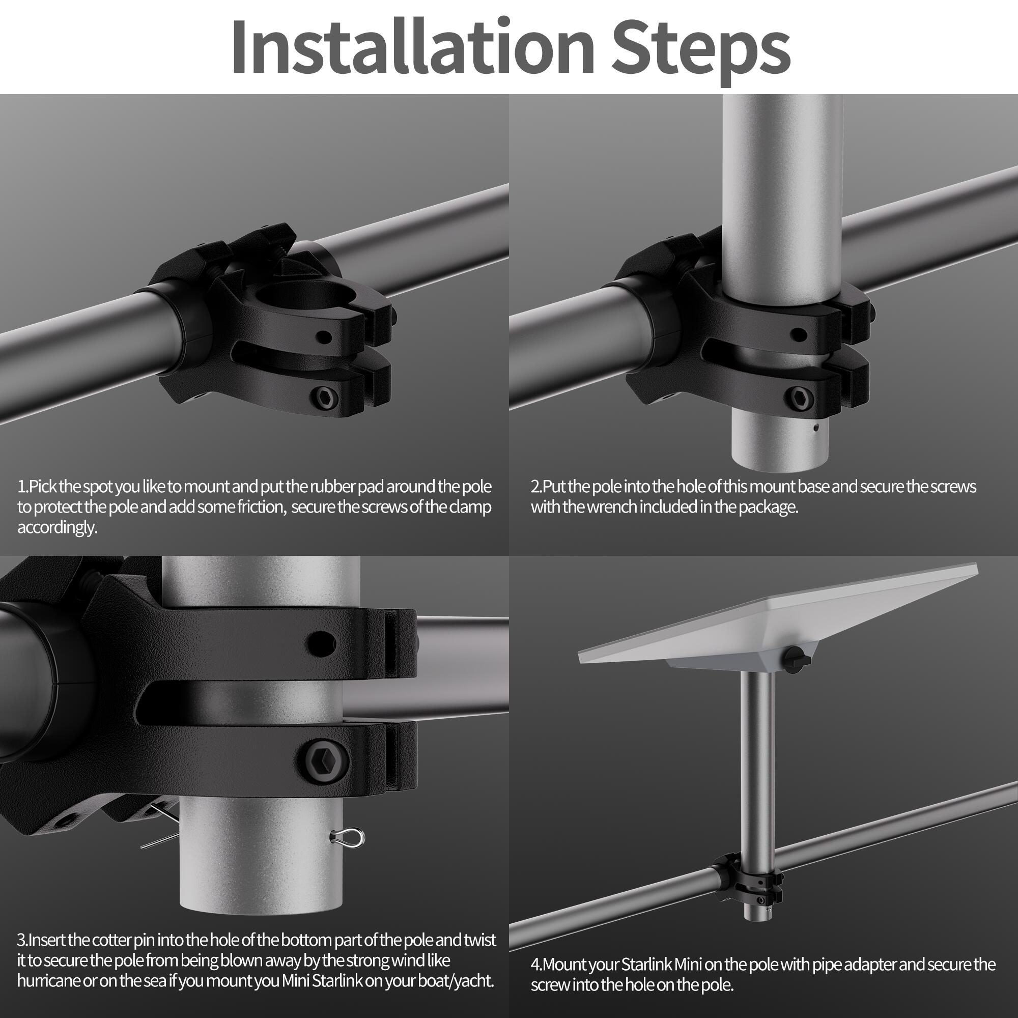 MINI-CM1-L Starlink Mini Pole Mount Kit with Aluminum Alloy Extended Pipe Fits Original Pipe Adapter