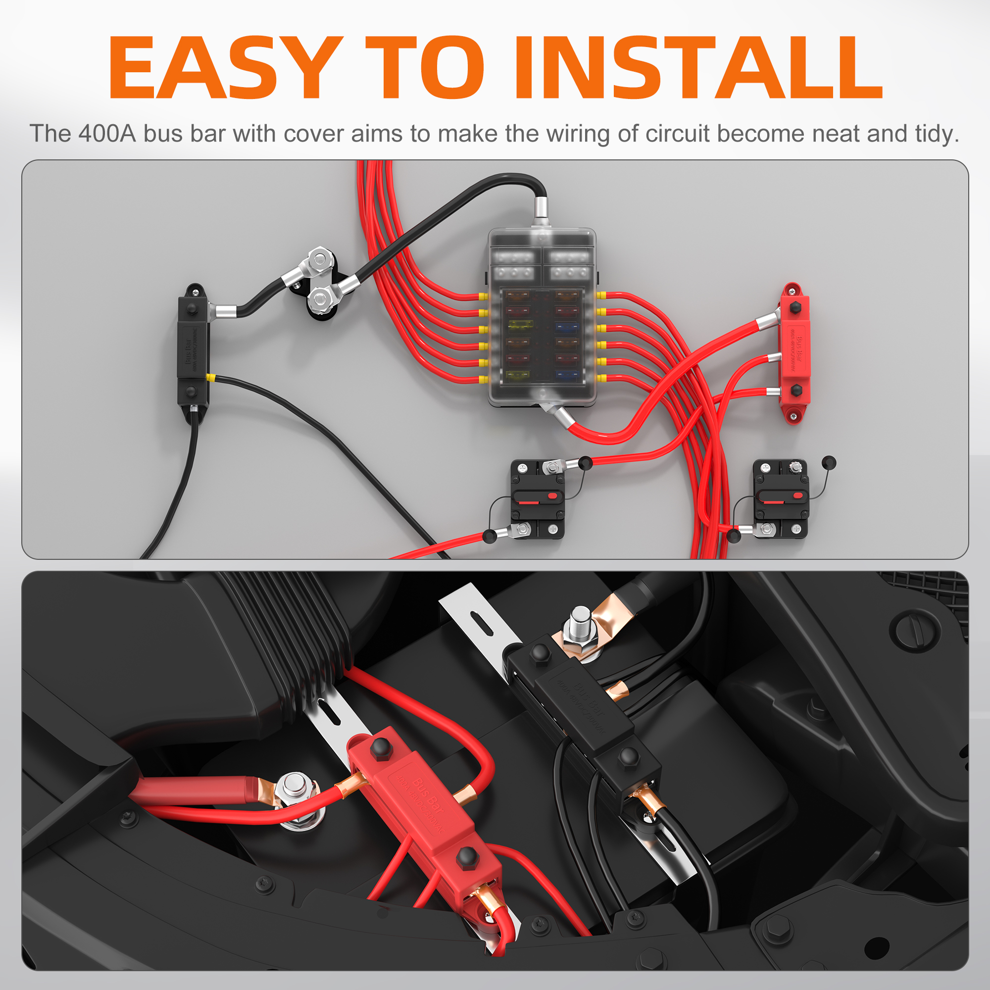 BB400-T3M10S8-C-2 12-48VDC 400A Power Distribution Block with 3xM10 Studs & 8xM5 Screws