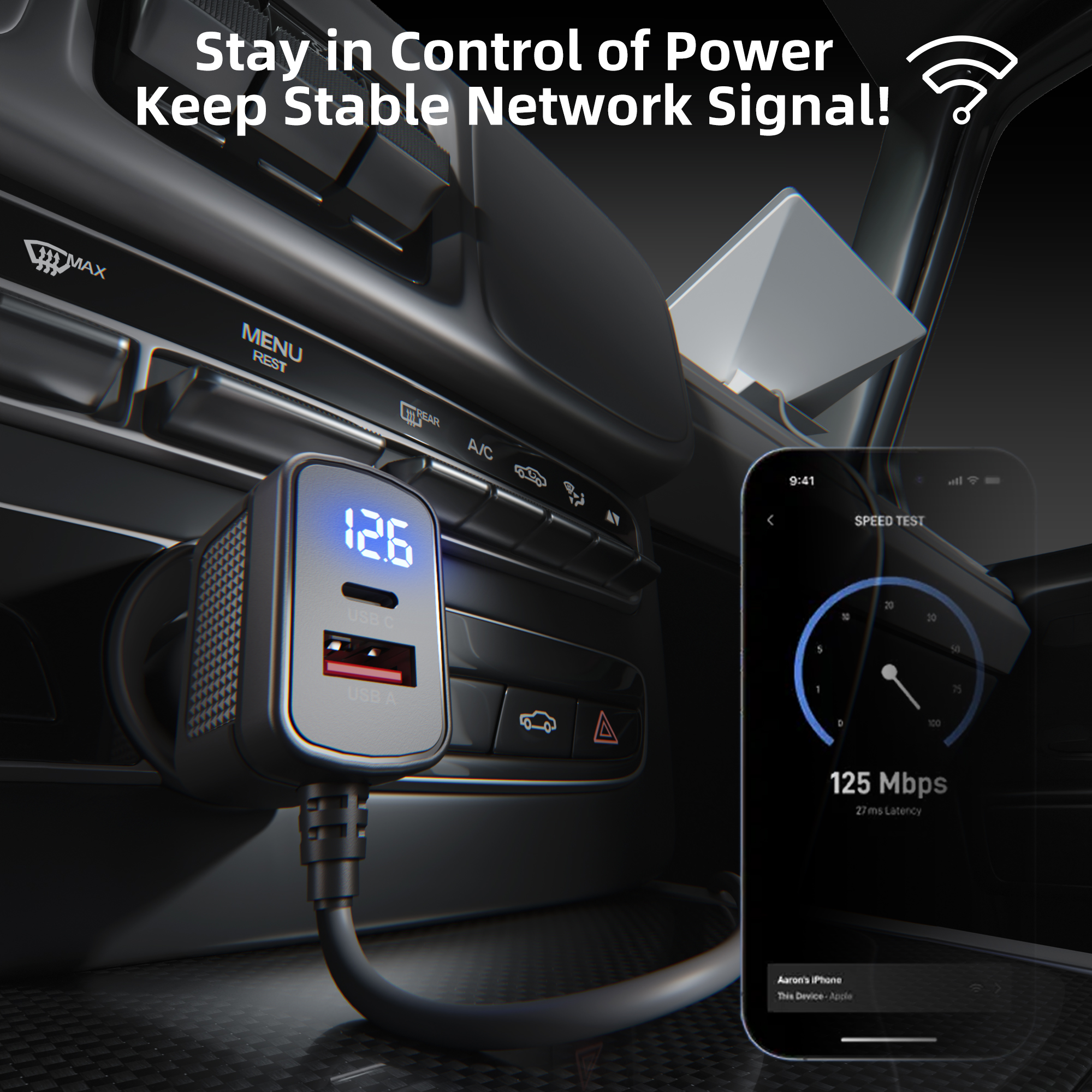 MINI-DC-CIG4 Starlink Mini USB-A/USB-C/DC Output Car Charger with Voltmeter – 9.84FT/3M