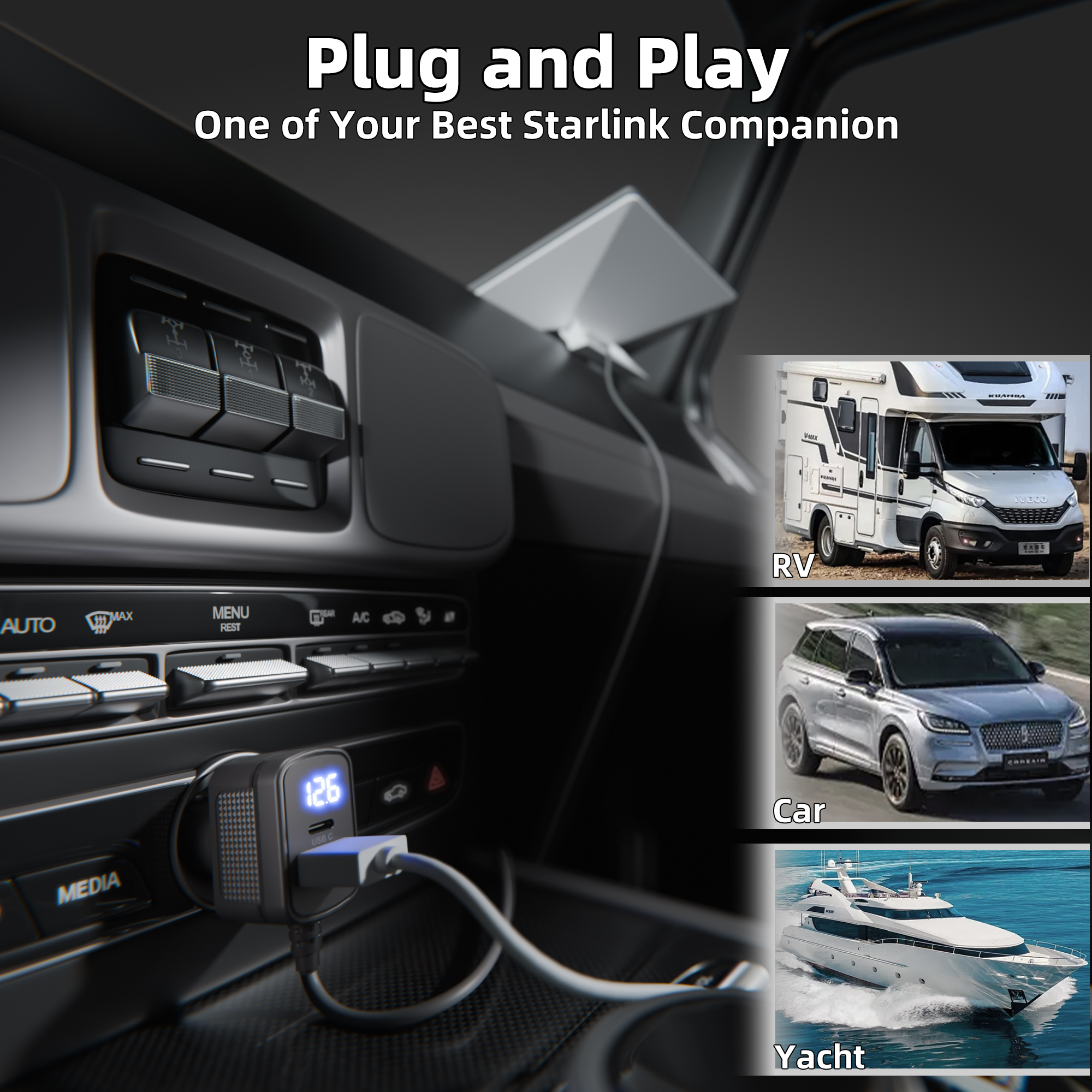 MINI-DC-CIG4 Starlink Mini USB-A/USB-C/DC Output Car Charger with Voltmeter – 9.84FT/3M