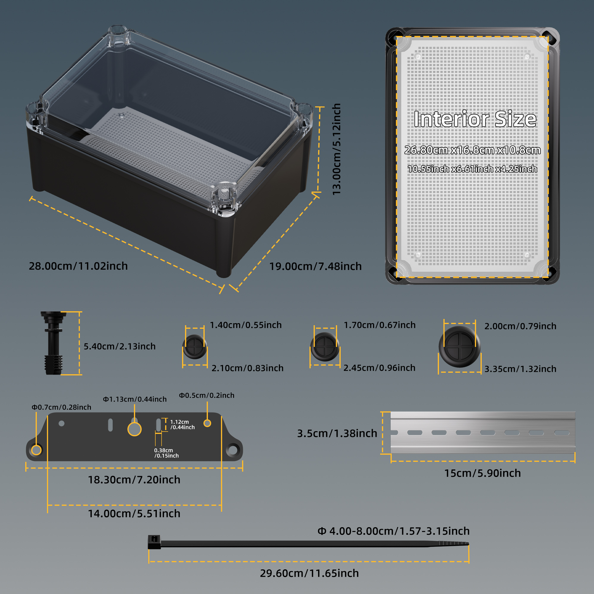 AG28X19X13T-JFFD IP66 Waterproof Outdoor Electrical Junction Box Kit with Clear Cover – 11″ x 7.48″ x 5.12″