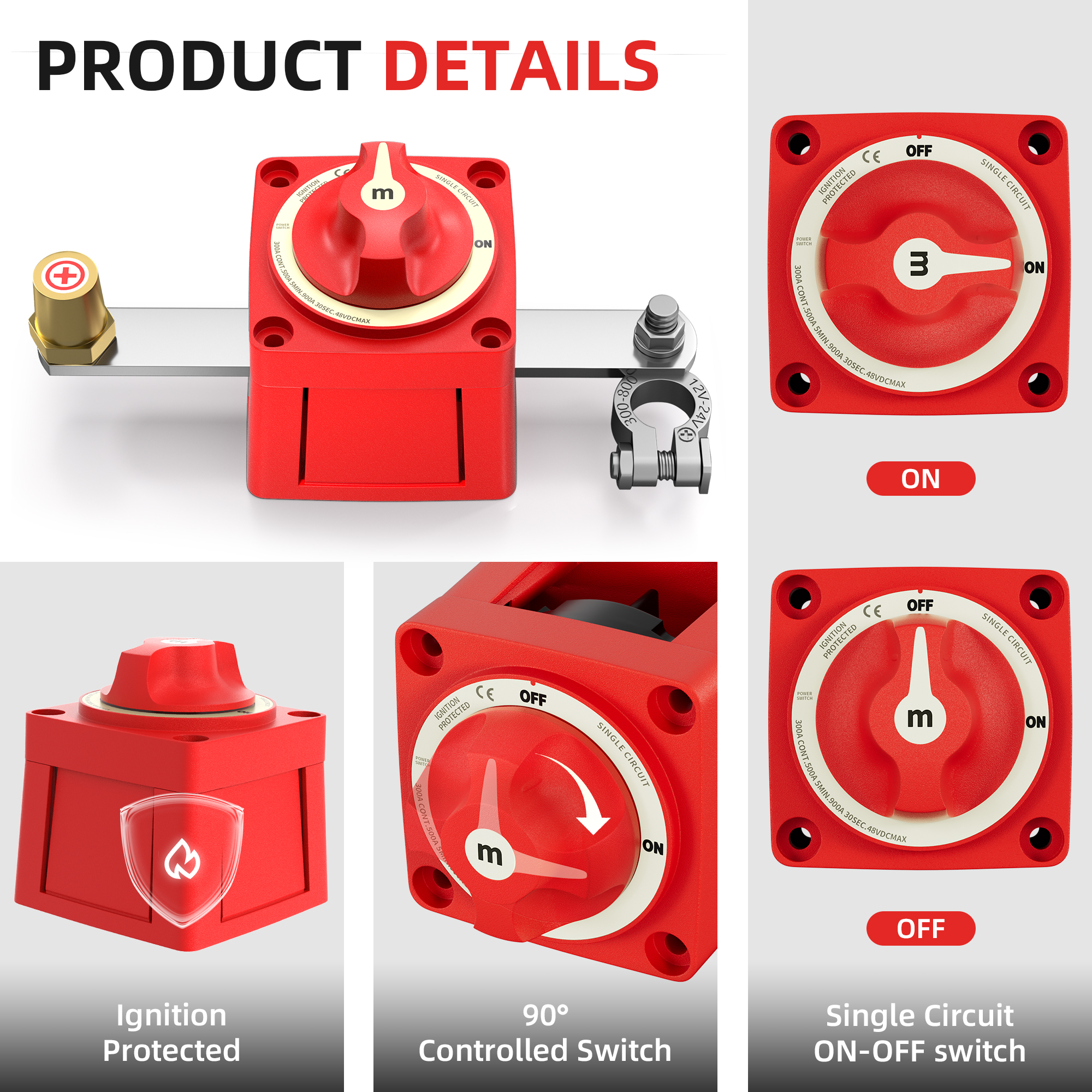 ASW-A6006-KIT1 300A 12-48VDC ON/OFF Top Post Battery Disconnect Switch Kit