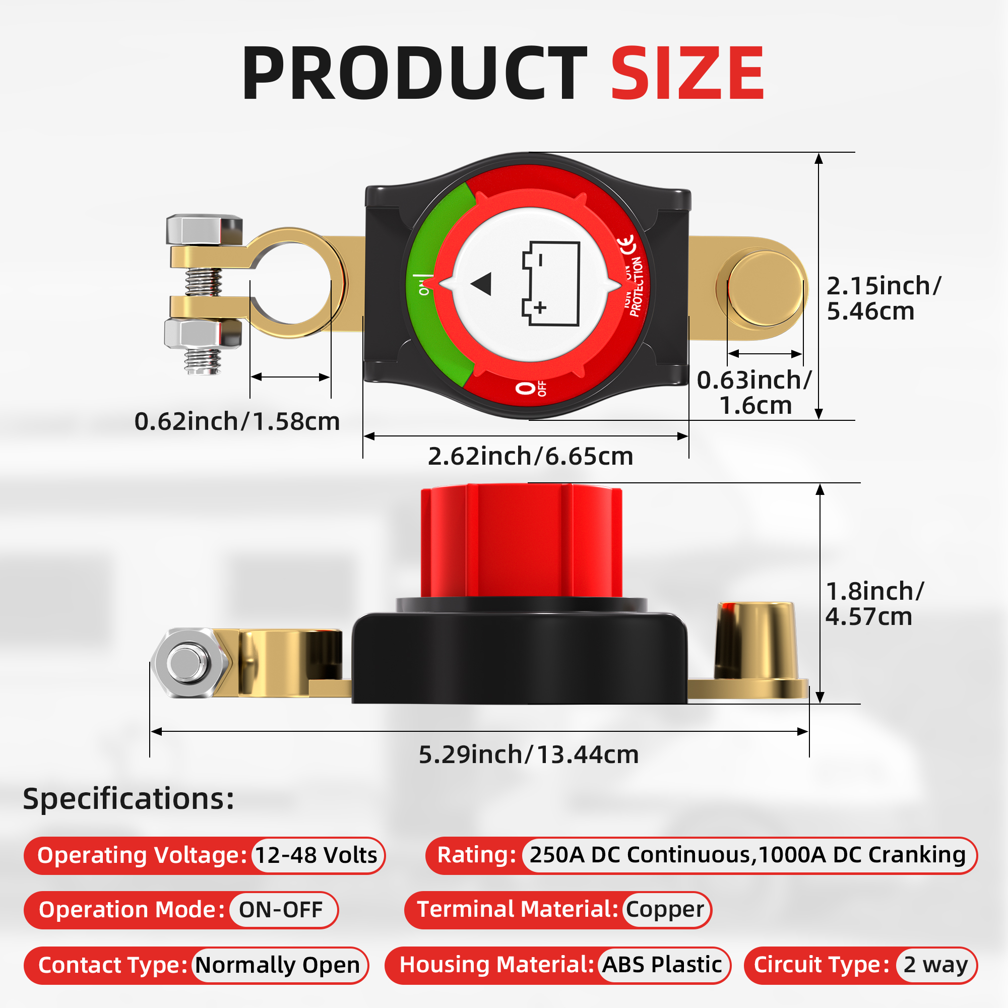 ASW-A71002 250A 12-48VDC 2 Positions ON-OFF Top Post Battery Disconnect Switch