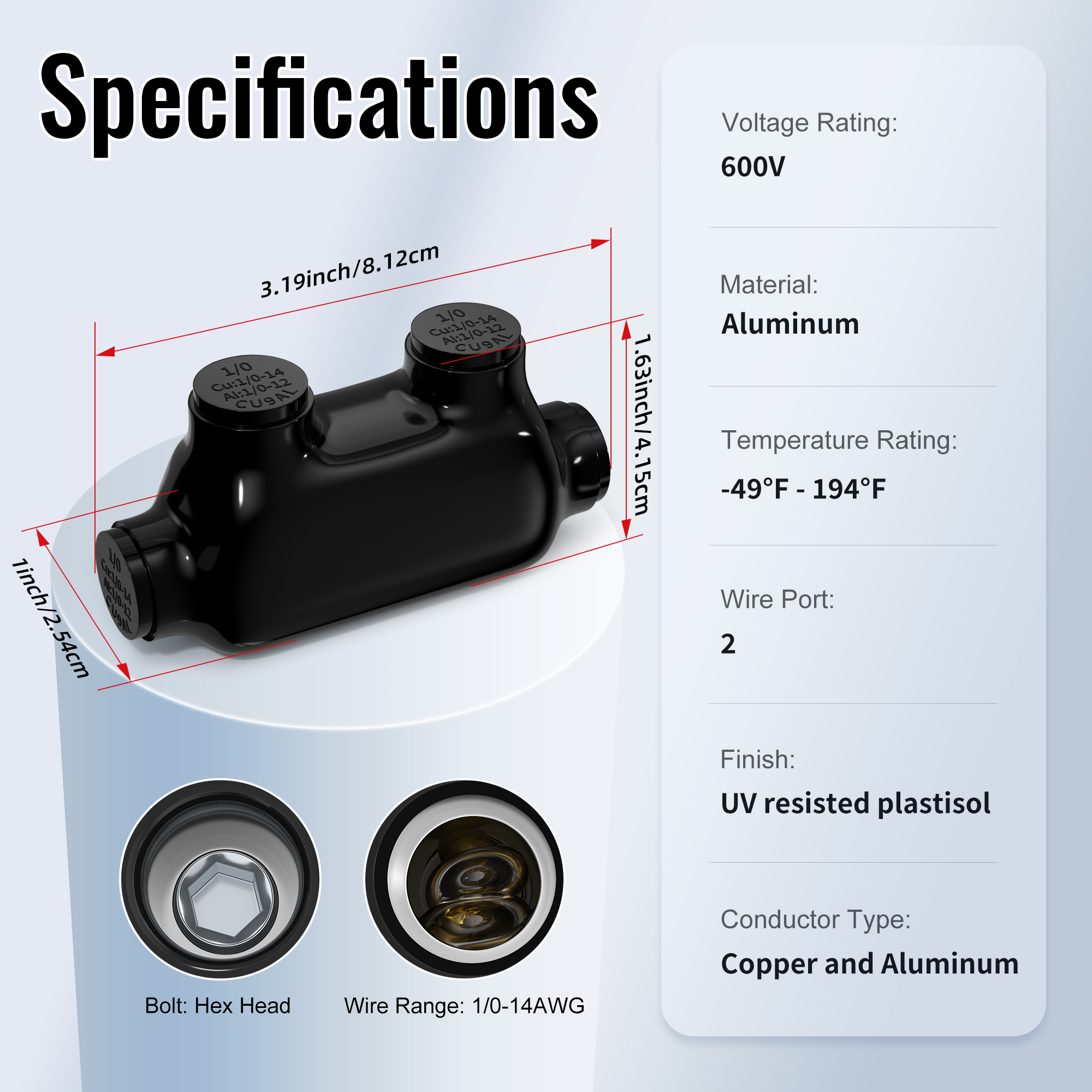ITC-101-1/0AWG 1/0 AWG – 14 AWG 2-Port Multi-Tap In-Line Wire Entry Pre-Insulated Connector