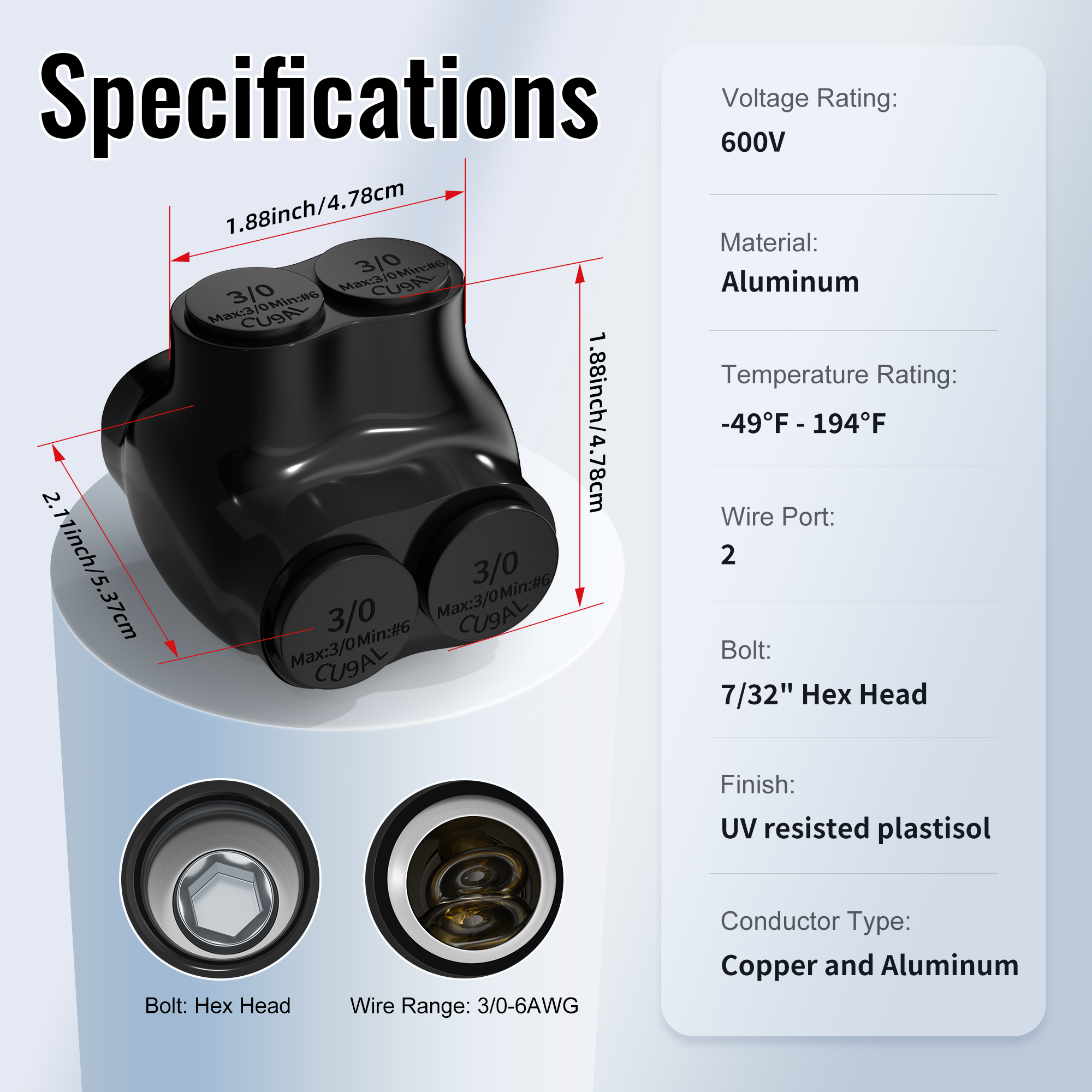 ITC-102D-3/0AWG 3/0 AWG – 6 AWG 2-Port Multi-Tap Dual-Sided Entry Pre-Insulated Connector