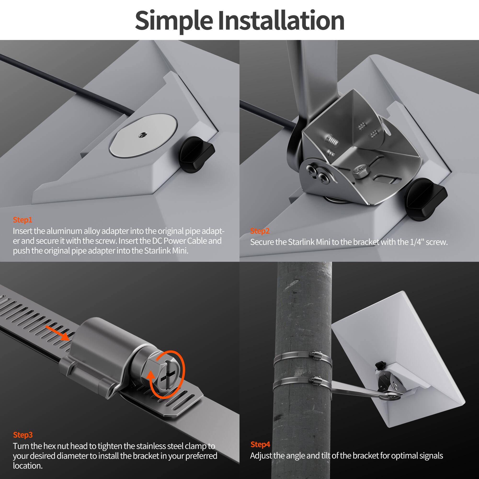 MINI-BR15 Starlink Mini Pole and Beam Mount – Stainless Steel with 360° Adjustable Arm