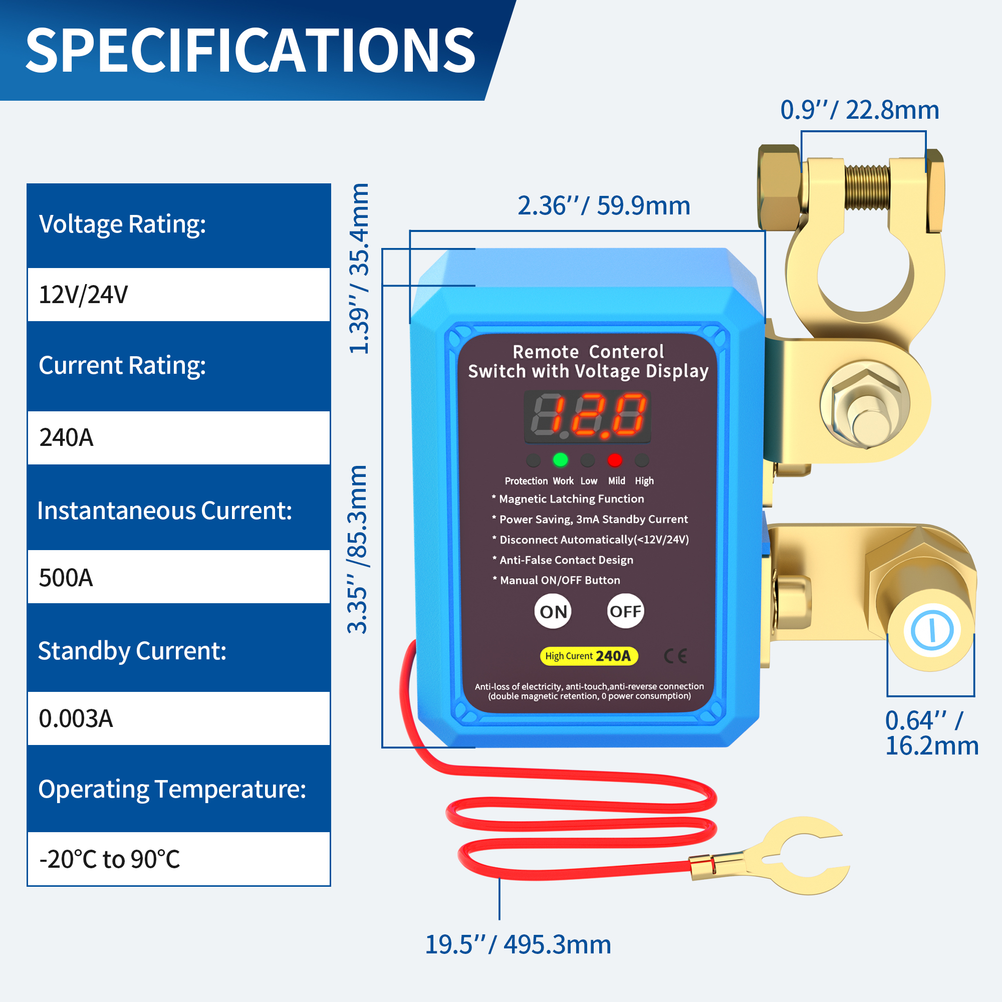 RL-240A-RCM3-VD 12V/24V 240A ON-OFF Remote Control Battery Switch with LED Voltage Display