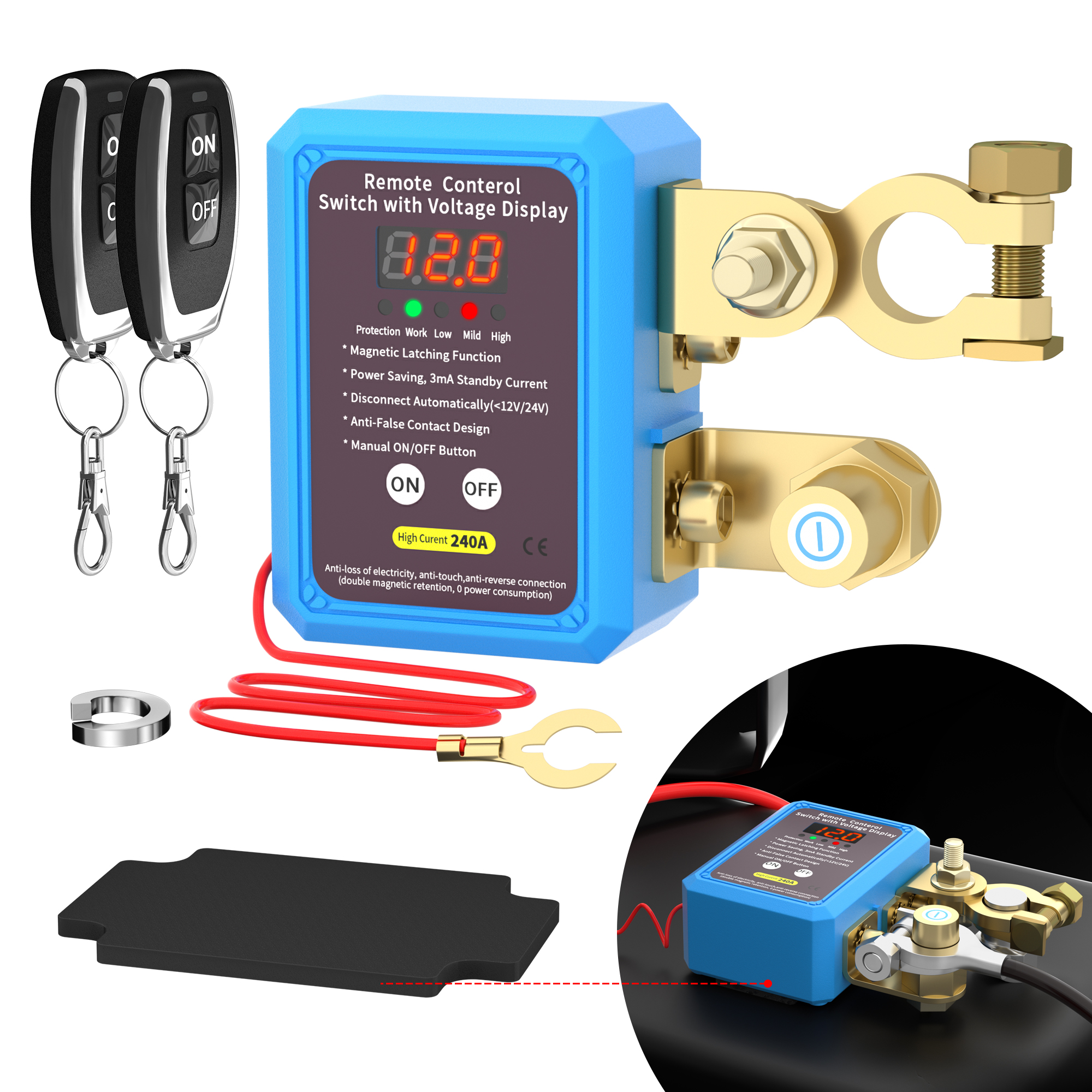RL-240A-RCM3-VD 12V/24V 240A ON-OFF Remote Control Battery Switch with LED Voltage Display