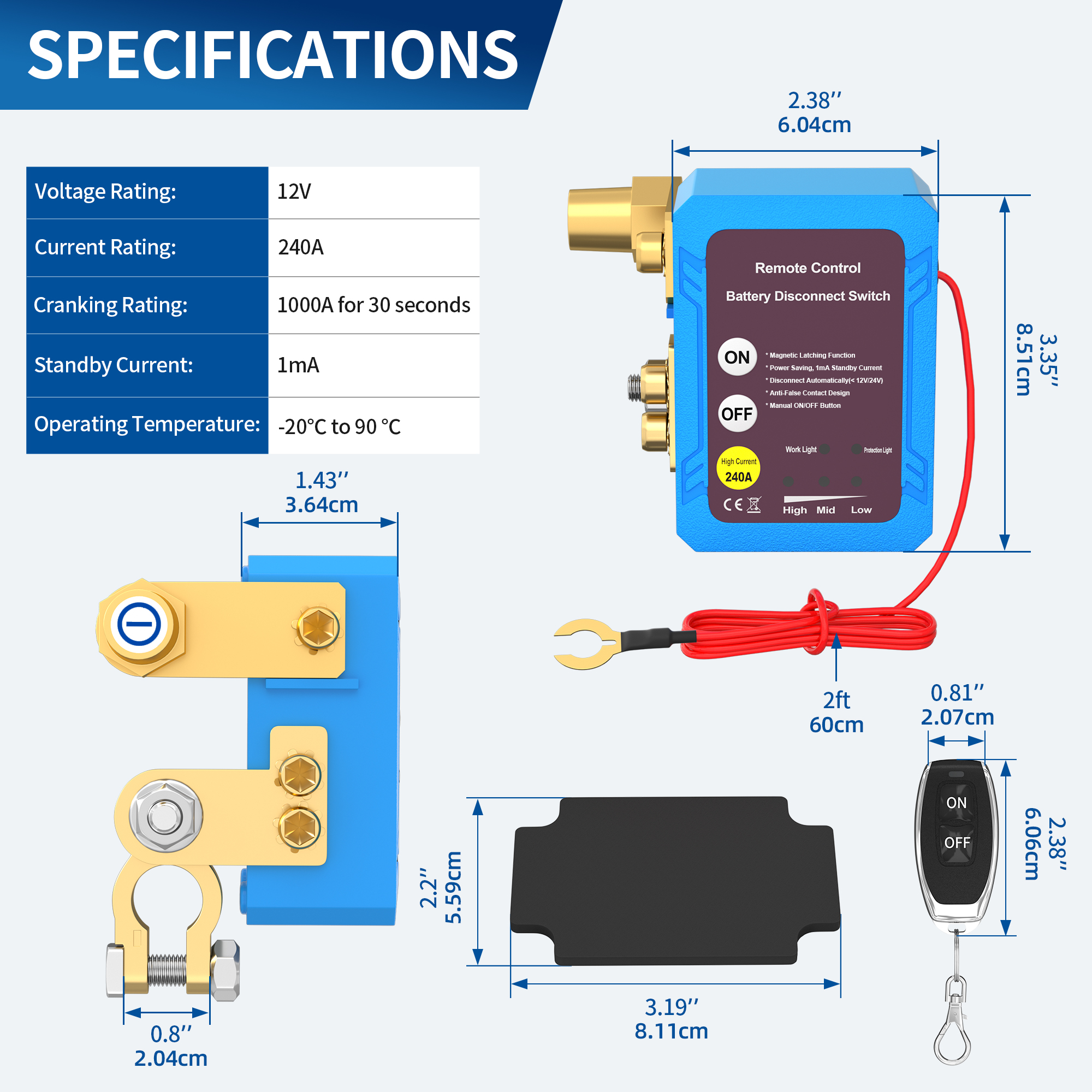 RL-240A-RCM4 240A 12V/24V Side Mount Remote Battery Disconnect Switch with 1000A CCA