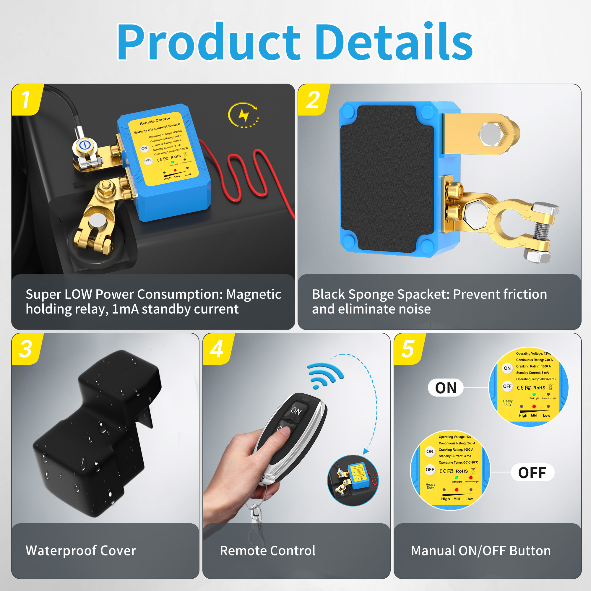 RL-240A-RCM5 240A 12V/24V Recessed Post Remote Battery Disconnect Switch with 1000A CCA