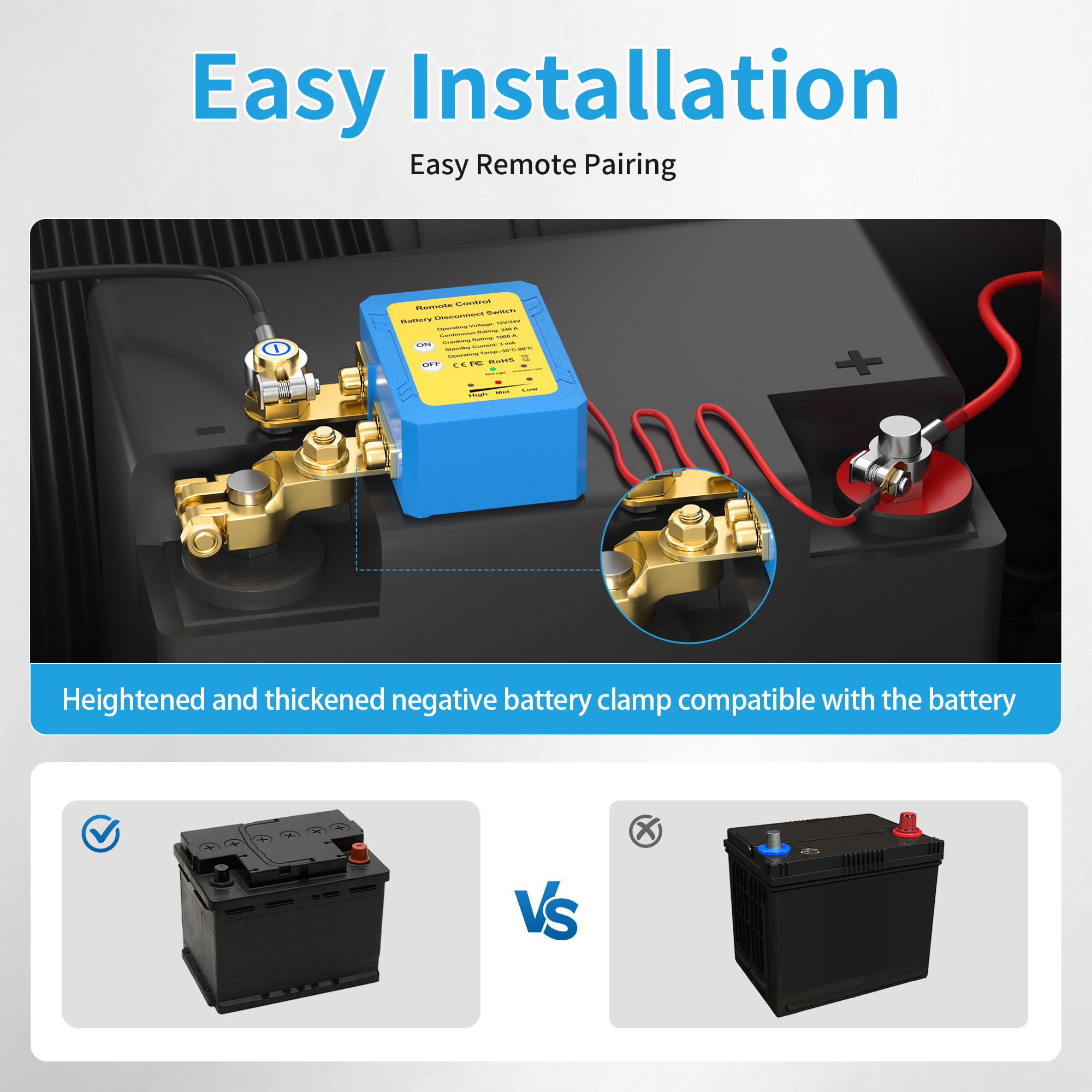 RL-240A-RCM5 240A 12V/24V Recessed Post Remote Battery Disconnect Switch with 1000A CCA