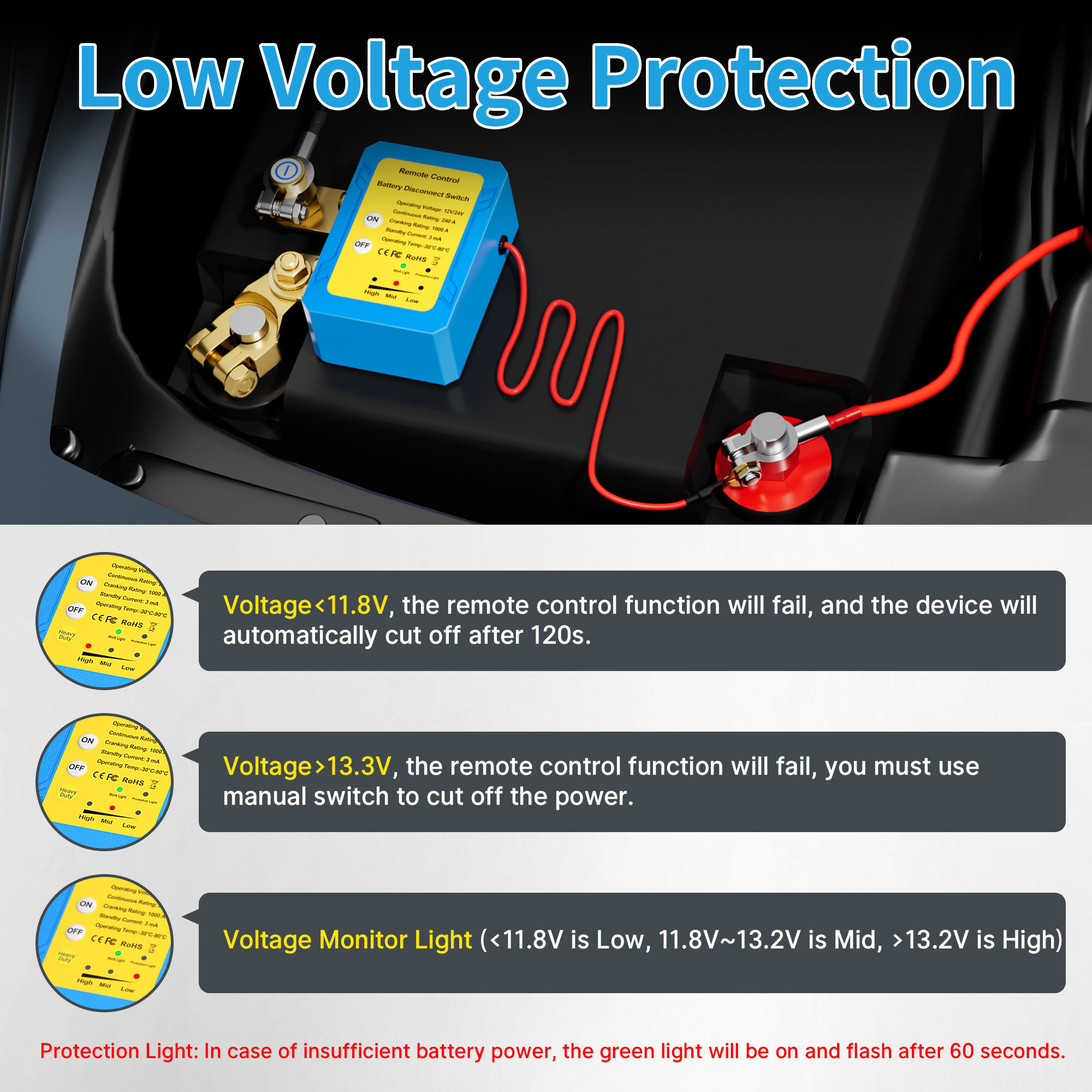 RL-240A-RCM5 240A 12V/24V Recessed Post Remote Battery Disconnect Switch with 1000A CCA