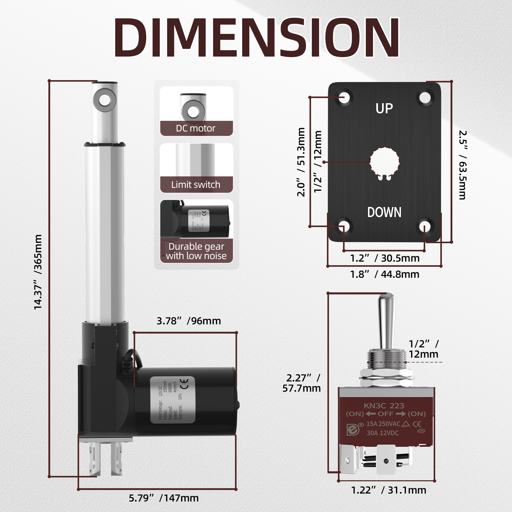 6000N/1320lb 12V Linear Actuator with Switch Controller – Multiple Stroke Options