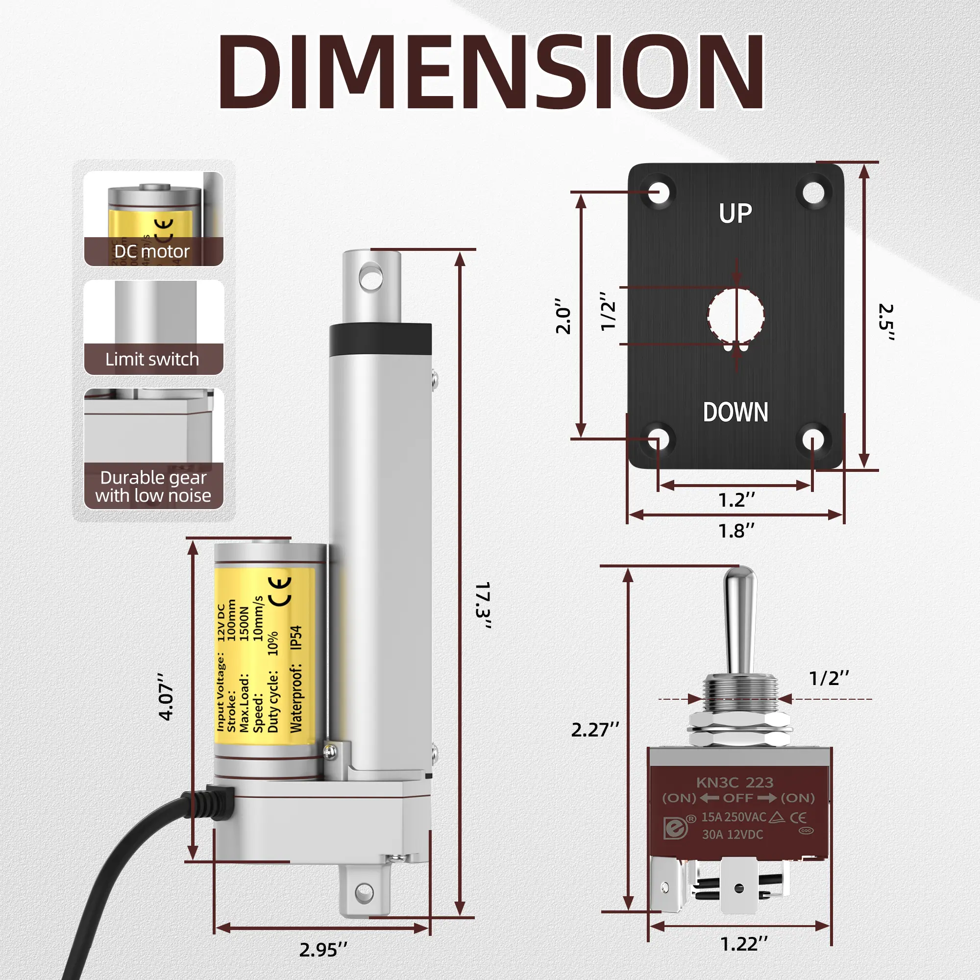 1500N/330lb 12V Linear Actuator With Switch Controller - Multiple Stroke  Options