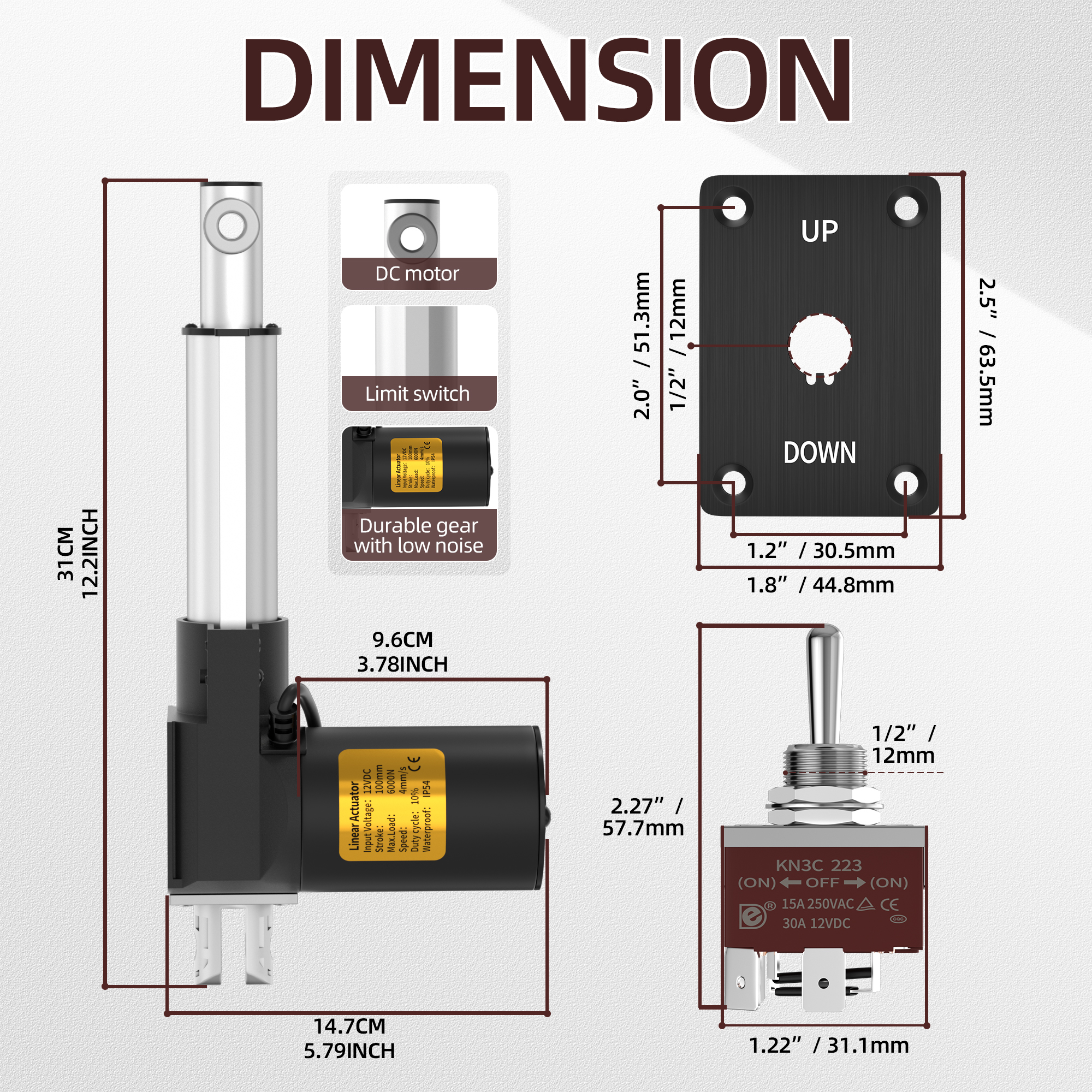 6000N/1320lb 12V Linear Actuator with Switch Controller – Multiple Stroke Options