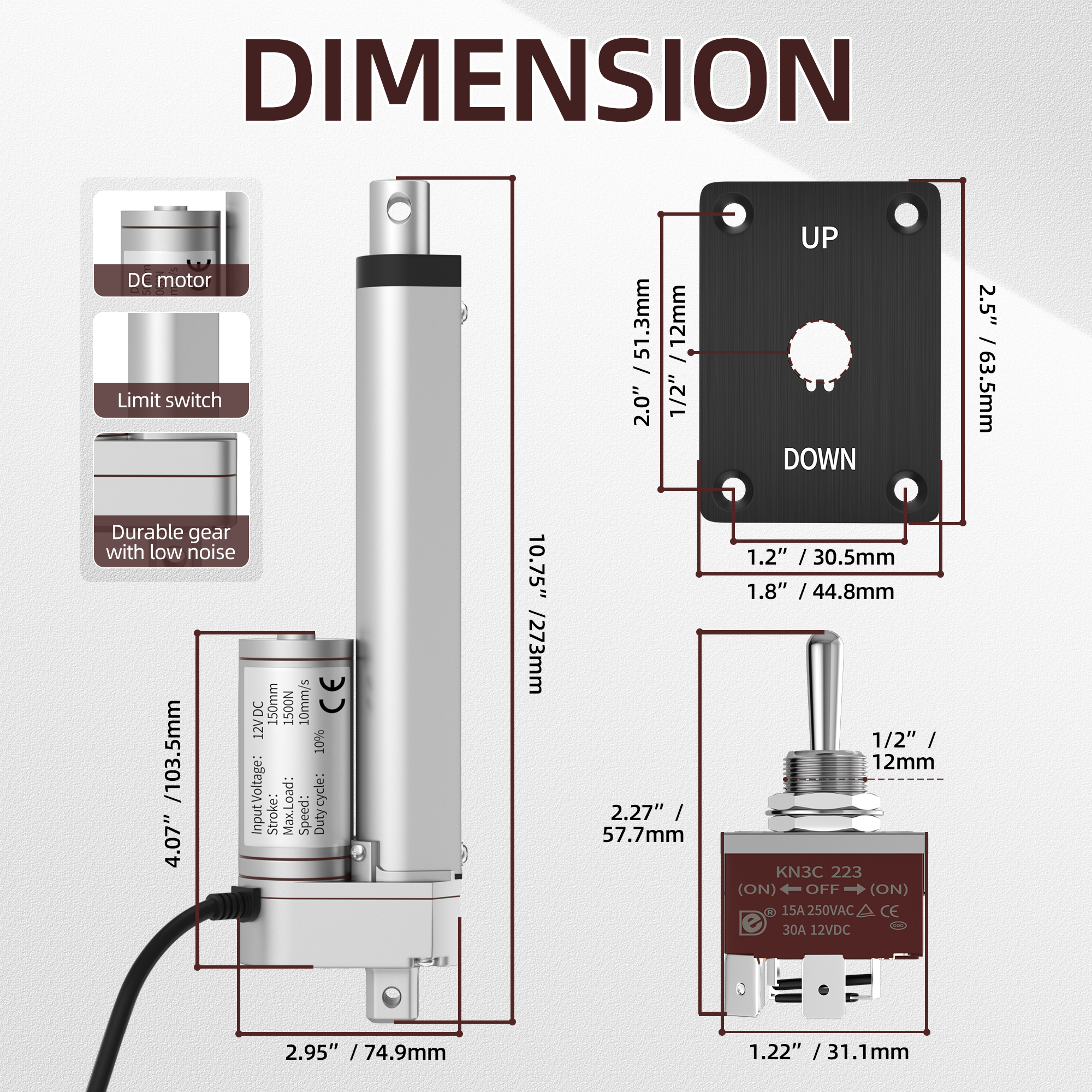 1000N/220lb 12V Linear Actuator with Switch Controller – Multiple Stroke Options