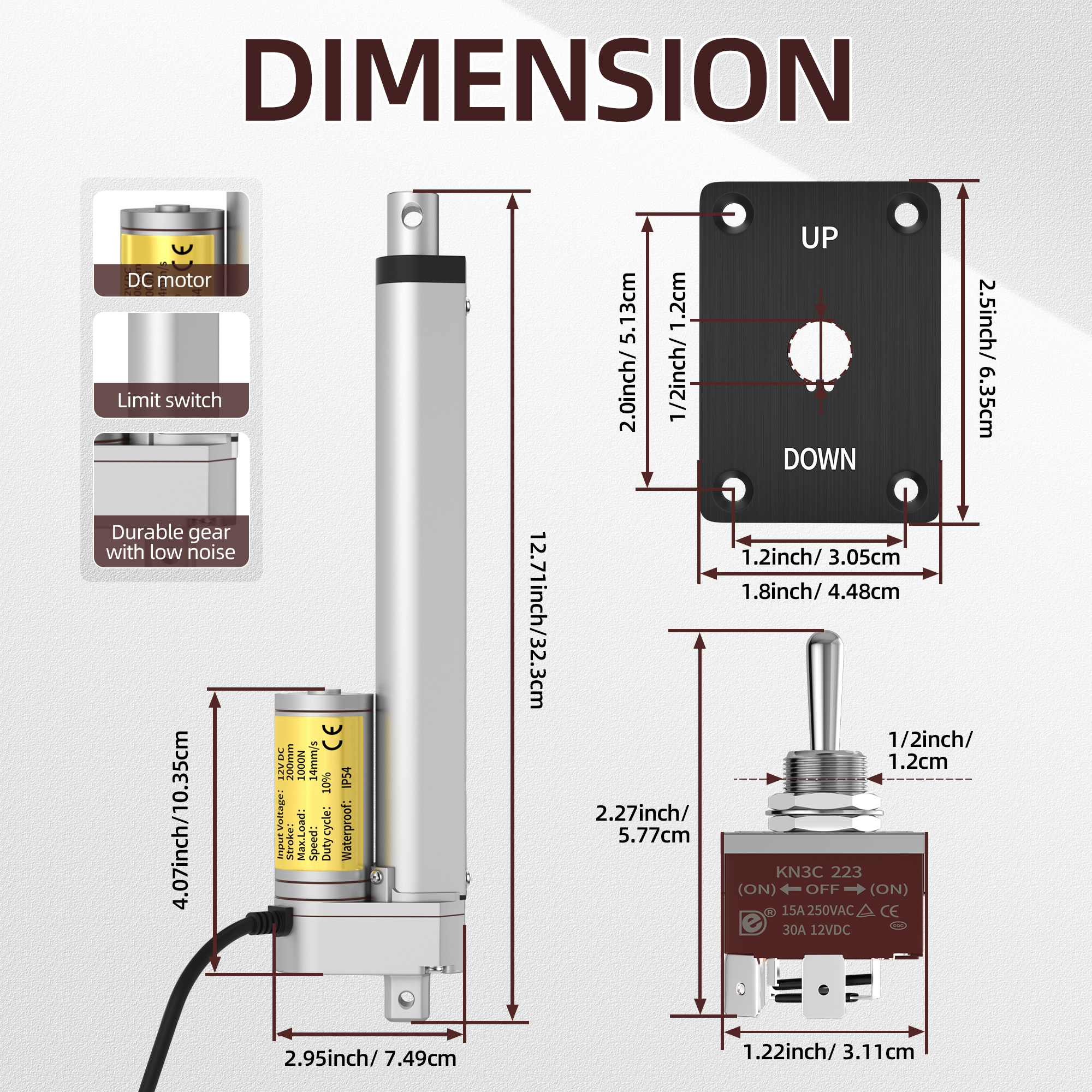 1000N/220lb 12V Linear Actuator with Switch Controller – Multiple Stroke Options
