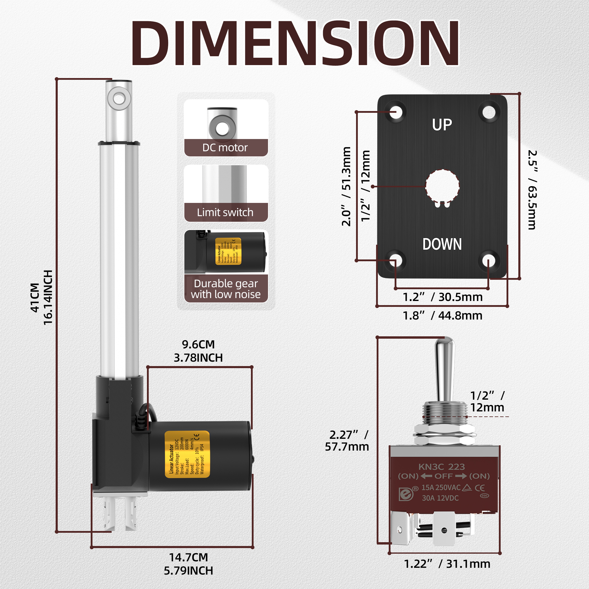 6000N/1320lb 12V Linear Actuator with Switch Controller – Multiple Stroke Options