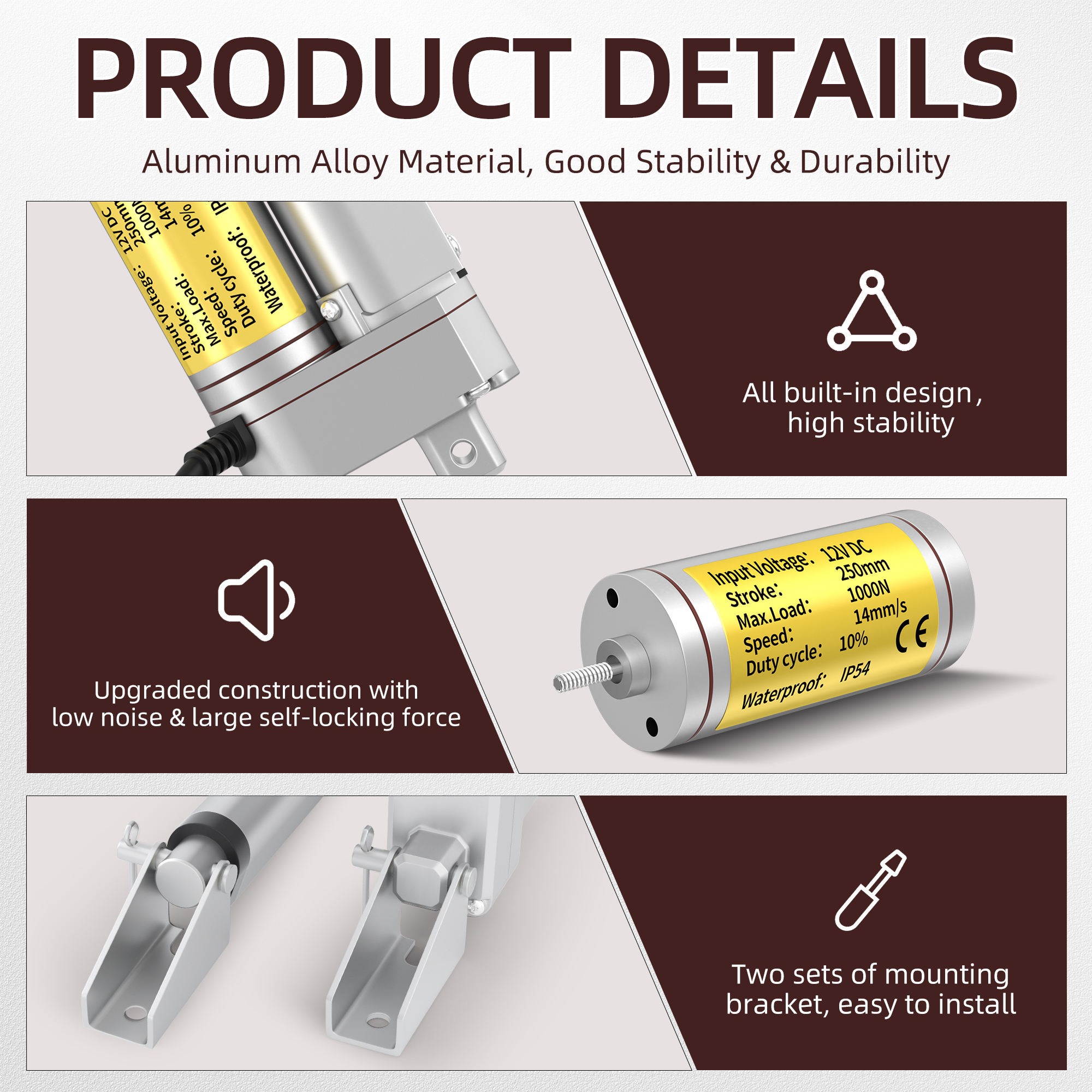 1000N/220lb 12V Linear Actuator with Switch Controller – Multiple Stroke Options