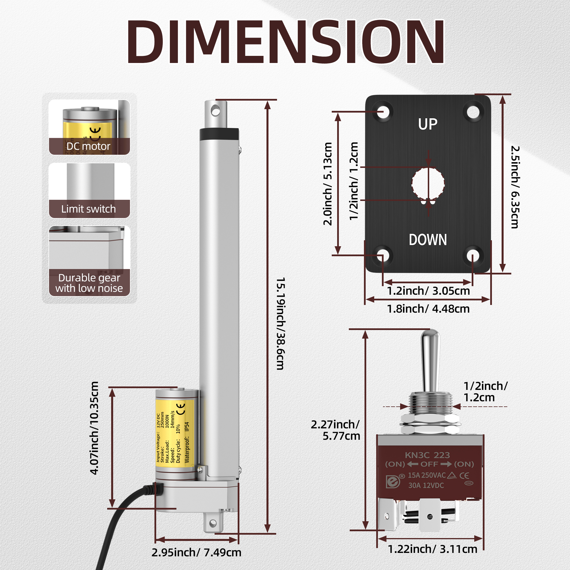 1000N/220lb 12V Linear Actuator with Switch Controller – Multiple Stroke Options