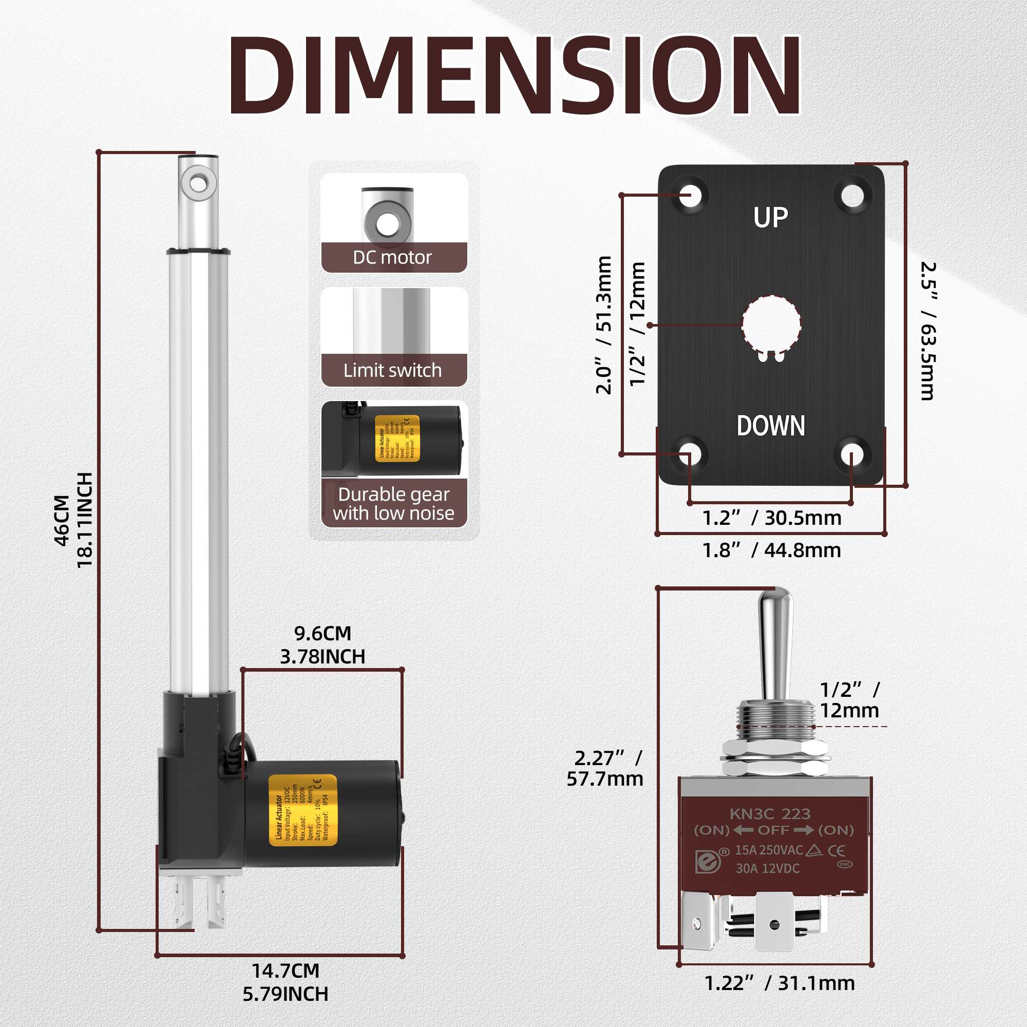 6000N/1320lb 12V Linear Actuator with Switch Controller – Multiple Stroke Options