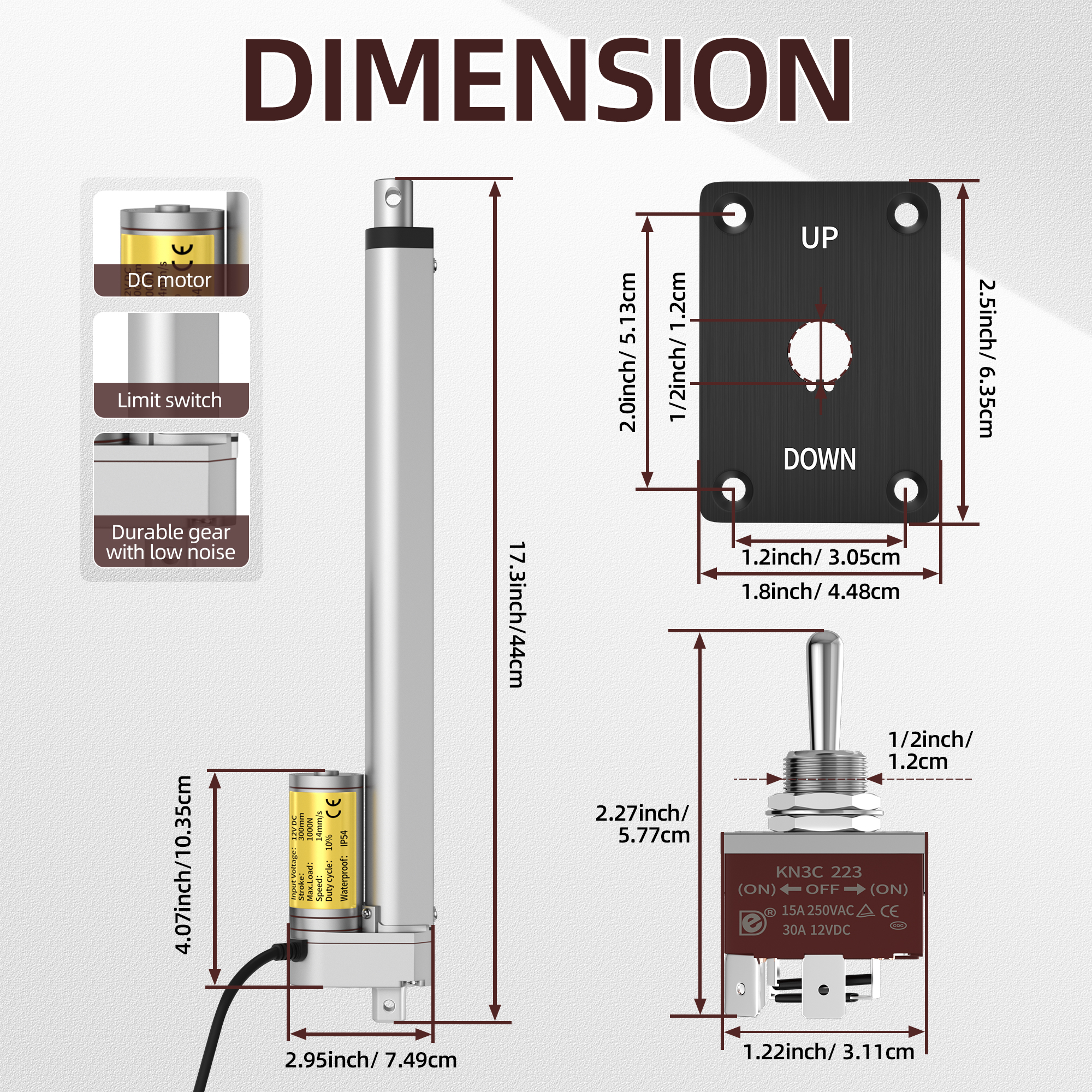 1000N/220lb 12V Linear Actuator with Switch Controller – Multiple Stroke Options