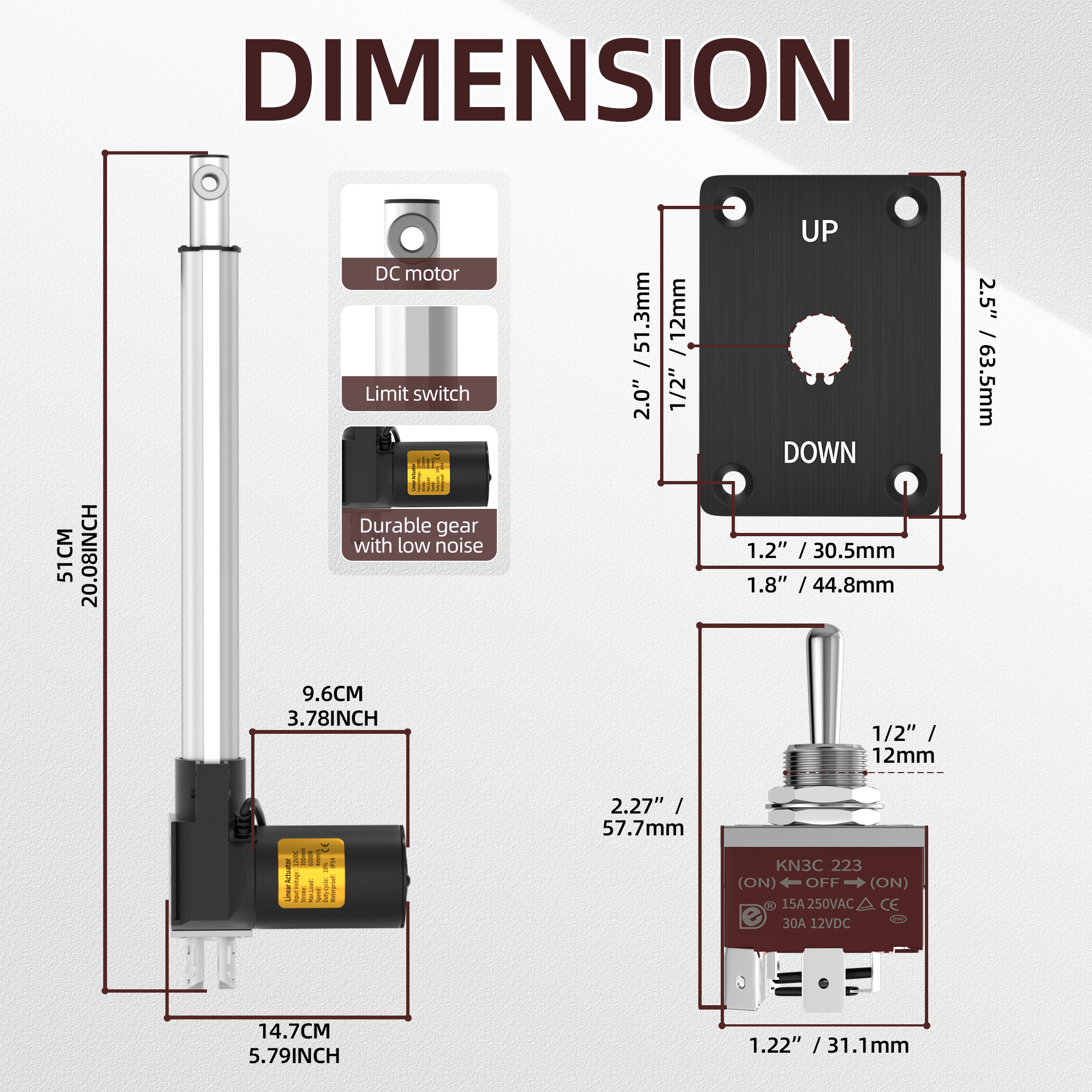 6000N/1320lb 12V Linear Actuator with Switch Controller – Multiple Stroke Options