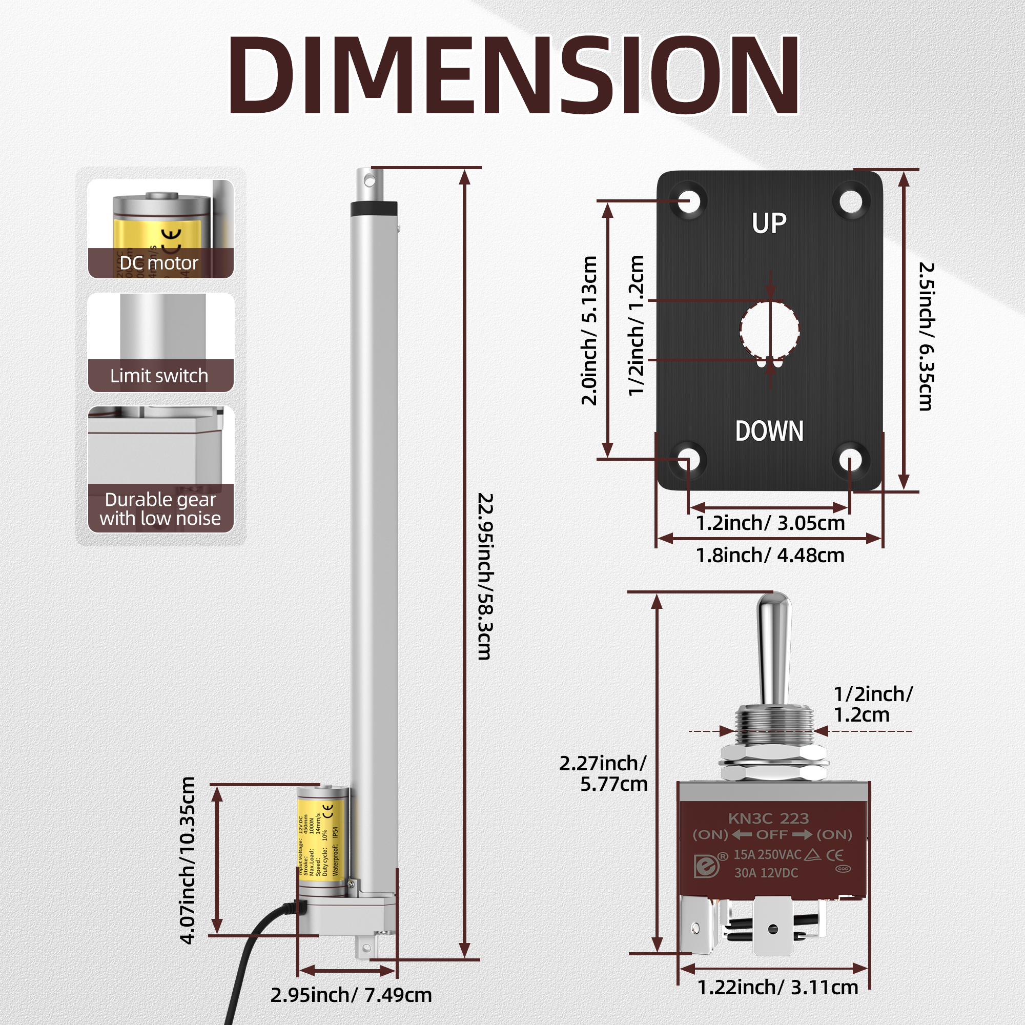 1000N/220lb 12V Linear Actuator with Switch Controller – Multiple Stroke Options