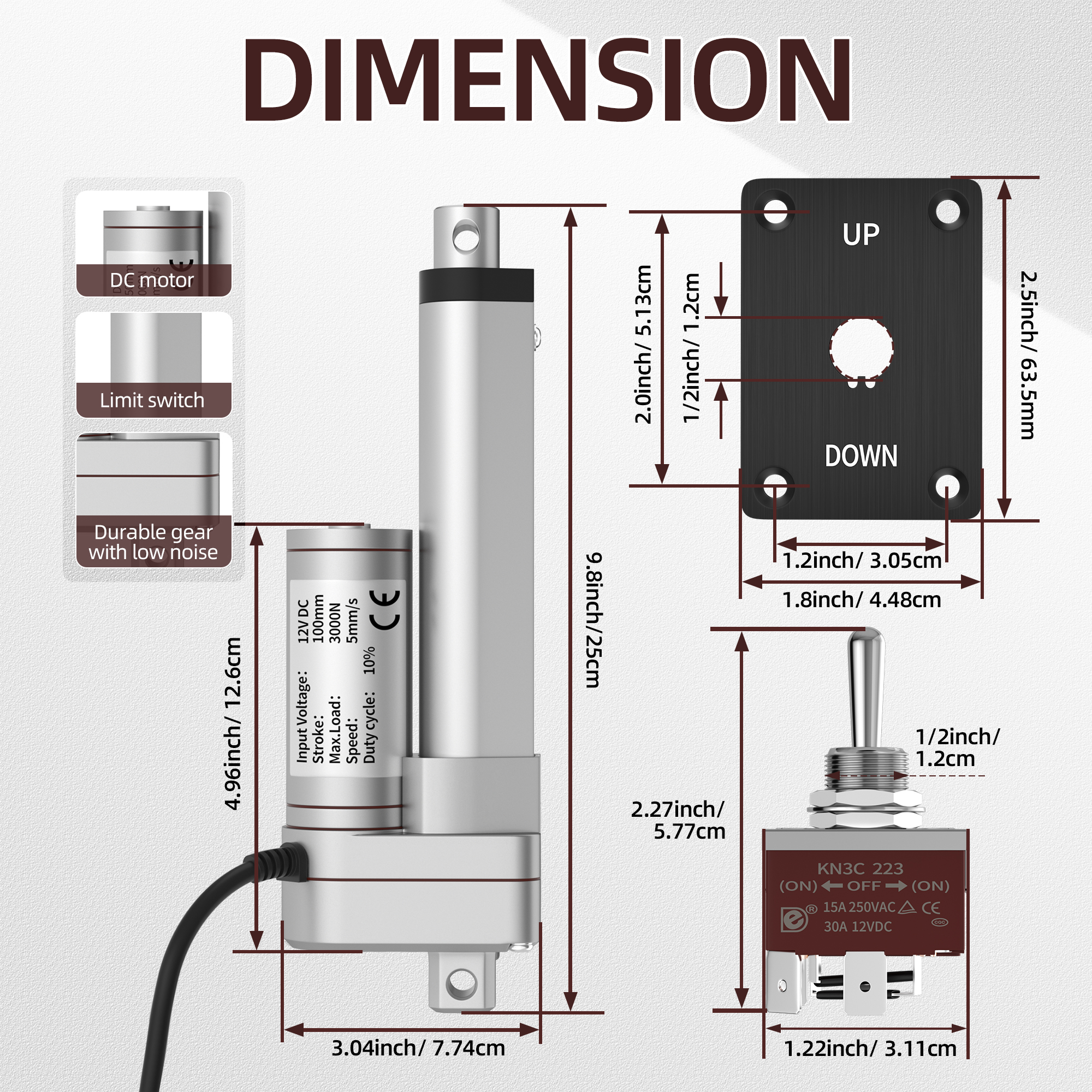 3000N/660lb 12V Linear Actuator with Switch Controller – Multiple Stroke Options
